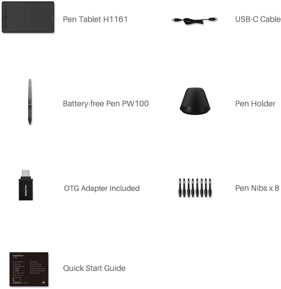 HUION Inspiroy H1161 Graphics Drawing Tablets, Touch Strip and 8192 Pen Pressure Sketch Tablet with Battery-Free Stylus,10 Shortcut Keys, Compatible with Android, Windows, and Mac Black