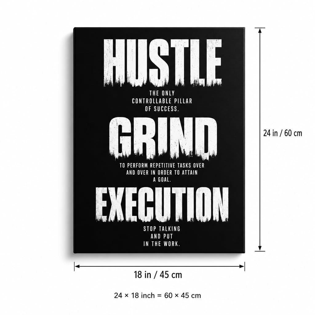 DINGFUN Inspirational Poster for Office Canvas Wall Art, Hustle Grind Execution Quote Print, Black Motivational Decor for Home Office Dorm Gym Classroom, Single Panel Wall Decor 24x18inch