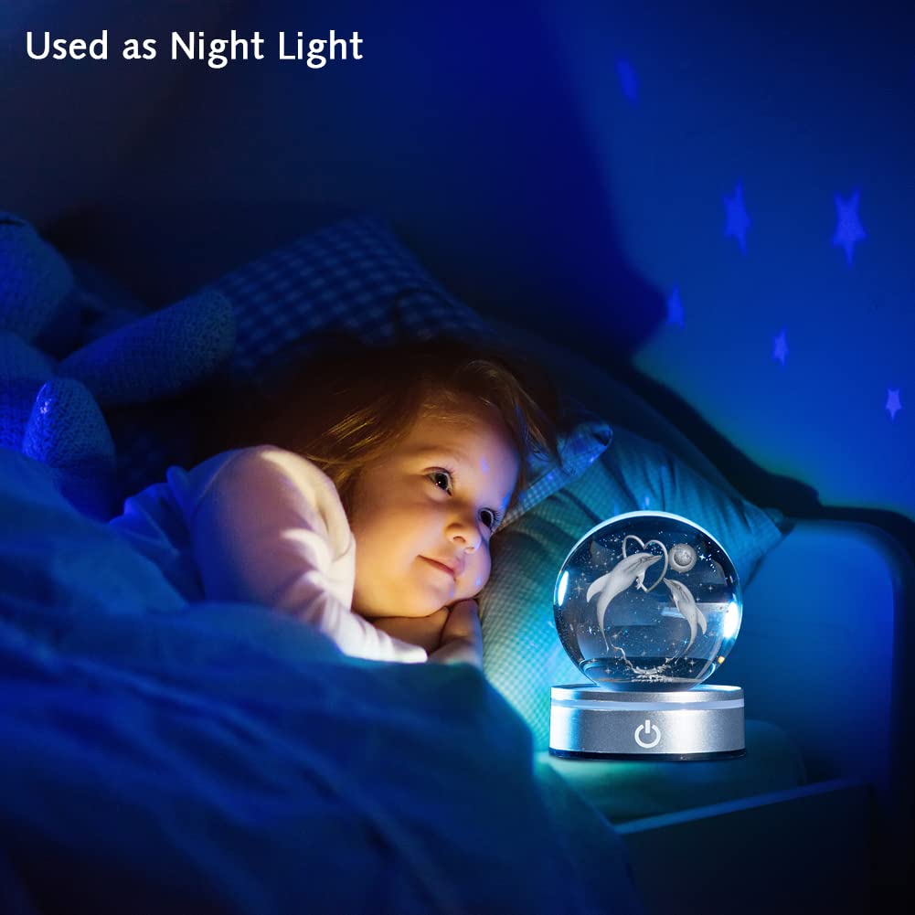 IFOLAINA 3D Dolphin Crystal Ball Night Lights Dolphin Lovers Gifts for Women Men Christmas Birthday Mothers Day Crystal Sphere Bedroom Decor
