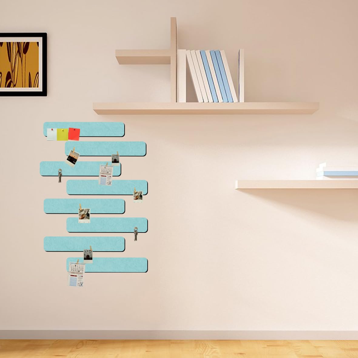 Vuzvuv 8 pcs Bulletin Board Bar Strips with 50 Pushpins & 10 Wooden Clip pins,Self Adhesive Cork Board for Wall,Felt Pin Board for School,Office Decor(Mint Green)