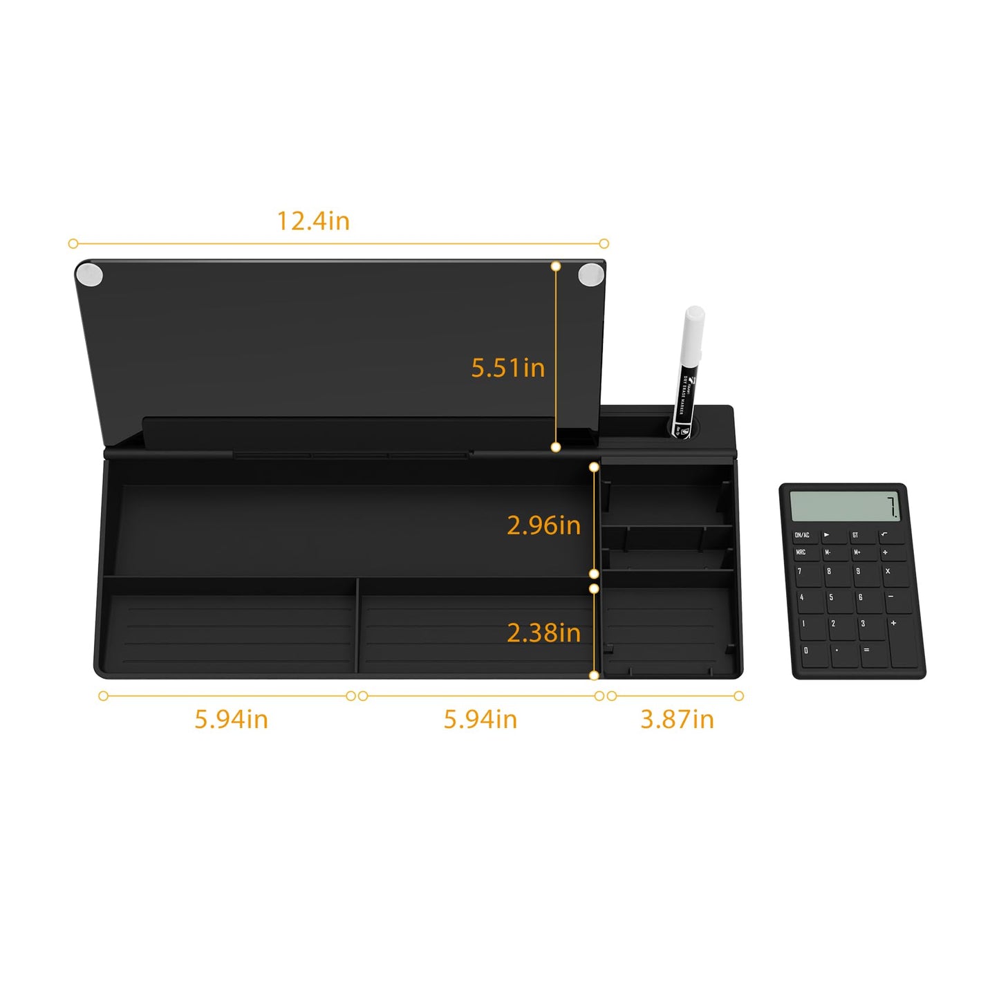 TOWON Desktop Glass Whiteboard with Basic Calculator, 12 Digit LCD Display, Desk Organizers with Accessories for Office, Home, School Supplies, Storage with Dry Erase Board Surface, Black, 17'' x 6''