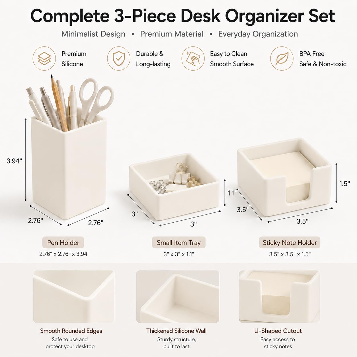 minimaliving Aesthetic Silicone Desk Organizer Set of 3,Modern Office Desk Accessories with Pen Holder,Paperclip Tray,Sticky Note Holder,Stylish Functional Office Desk Decor for Back-to-school(Beige)