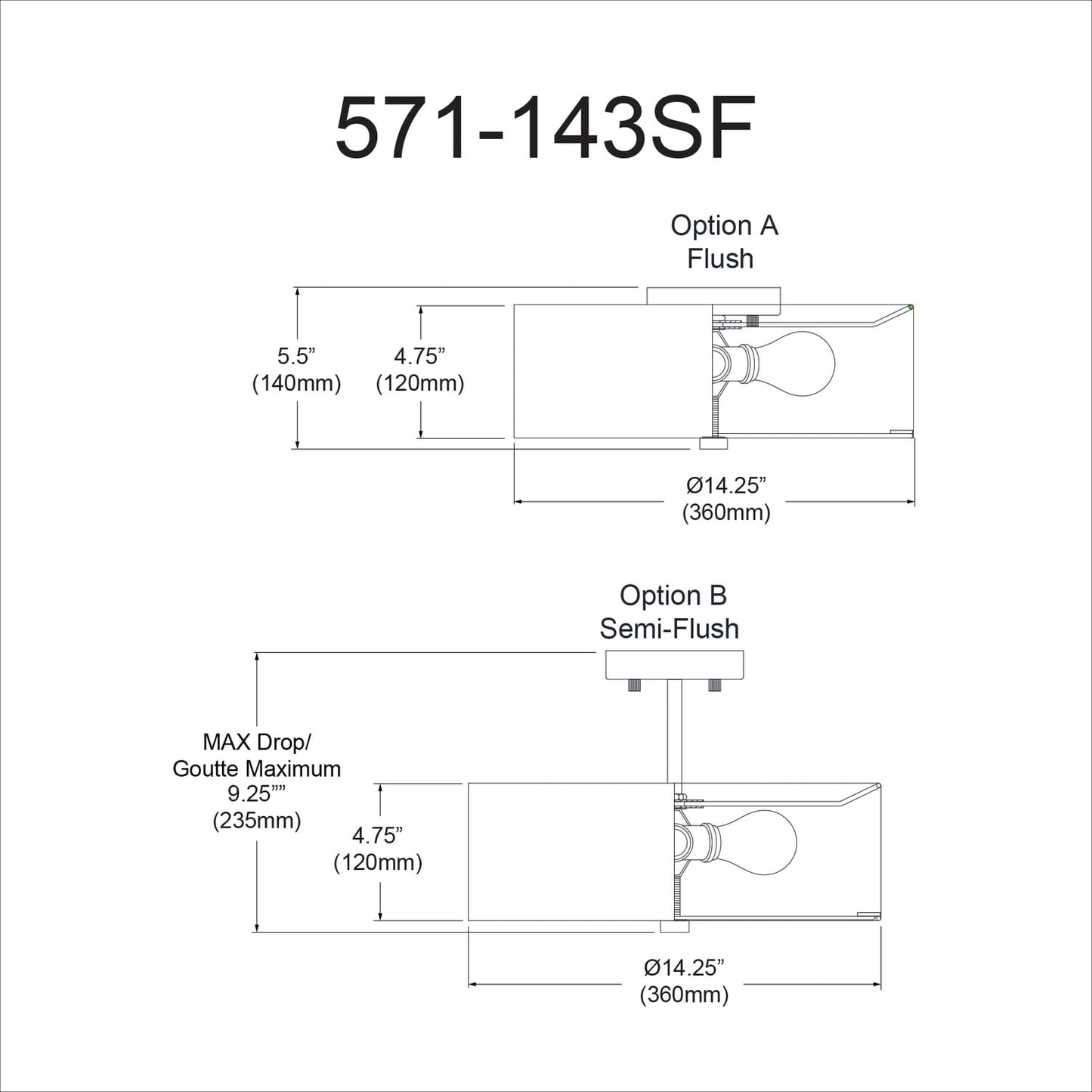 Dainolite Everly Semi Flush Light Fixture, 3-Light, 180 Watts, Black, Model 571-143SF-MB-WH