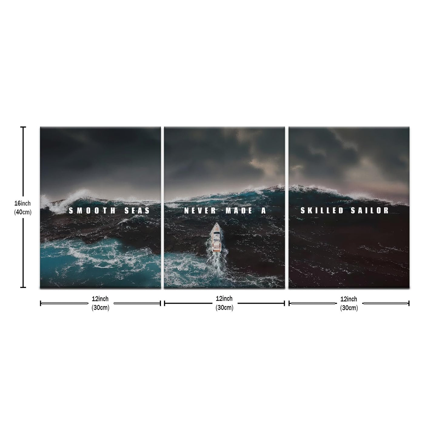 PSYYSP 3 Piece Canvas Wall Art Smooth Seas Never Made a Skilled Sailor Quote, Stormy Ocean Boat Triptych Wall Decor for Bedroom Office, Framed Canvas Prints Set 36x16 Inch