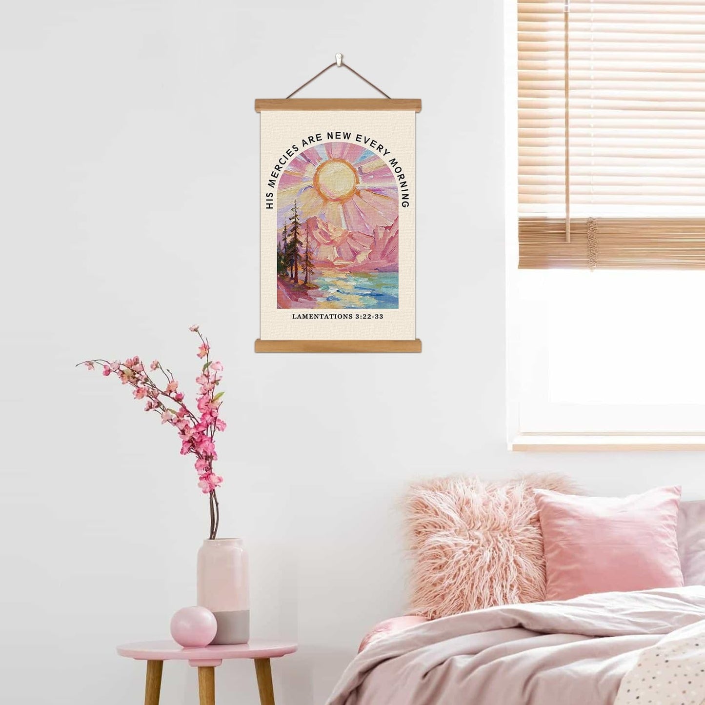 KAIRNE Christian Wall Decor,Inspirational Scripture Wall Art,Bible Verses Canvas Poster,Framed Abstract Religious Prints,Pink Mountain Landscape Paintings For Home Ling Room Bedroom Church Decoration