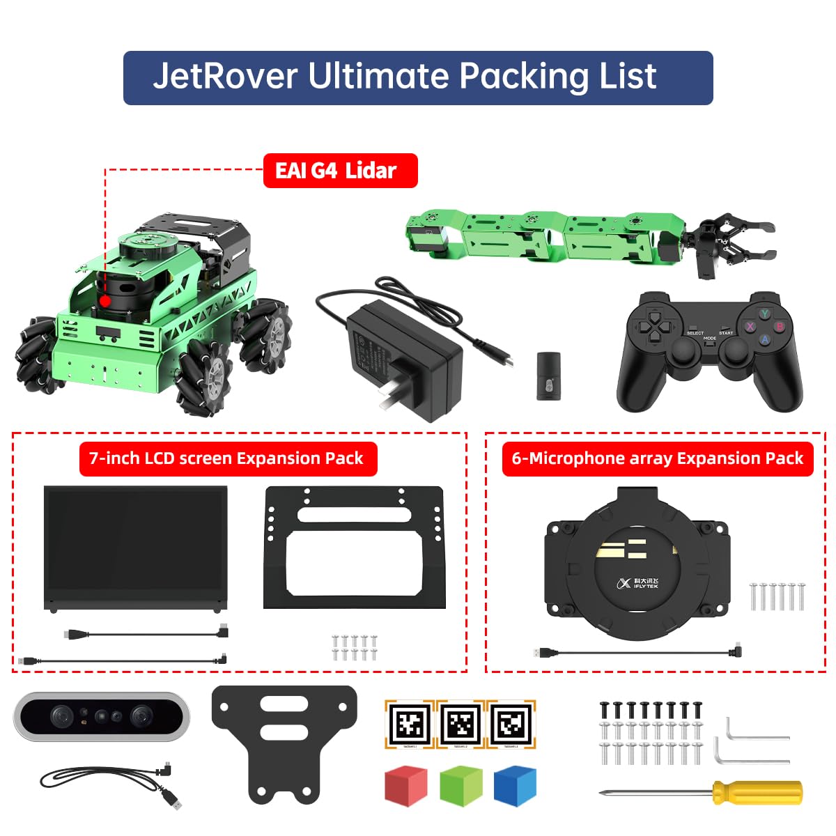 HIWONDER Robot Car with ChatGPT Large AI Model ROS2 ROS1 Education Lidar SLAM Mapping Navigation AI Vision 6DOF Robotic Arm Voice Control Smart Sorting, JetRover Ultimate Kit & Jetson Orin NX 16GB