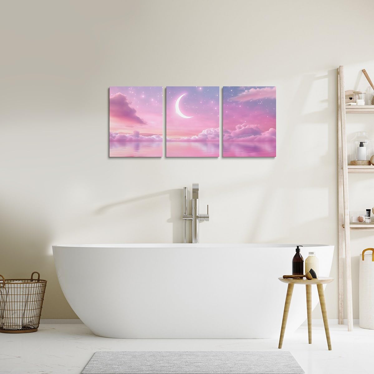 Feelyou Pink Galaxy 3 Piece Canvas Wall Art for Living Room Bedroom Starry Moon Wall Art for Home Decor Dreamy Nebula Office Decor Artwork Outer Space Picture Painting Posters