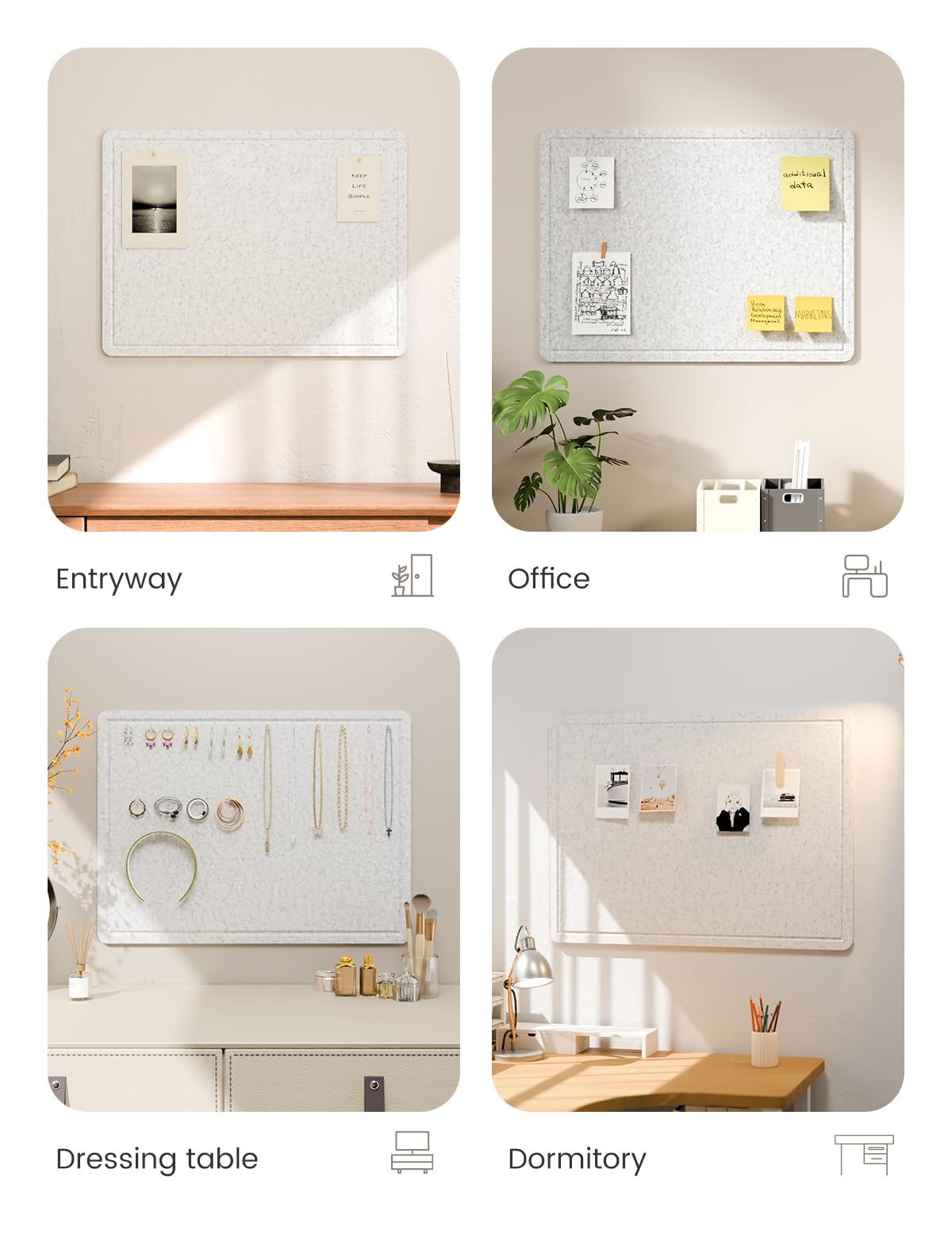 Fluxynara Bulletin Board, 23.6" x 17.5" Cork Board Alternative with 12 Safe Removable Adhesive Tabs, Foldable Felt Pin Board for Home Office, Classroom, Bedroom,Entryway for Walls—Light Gray
