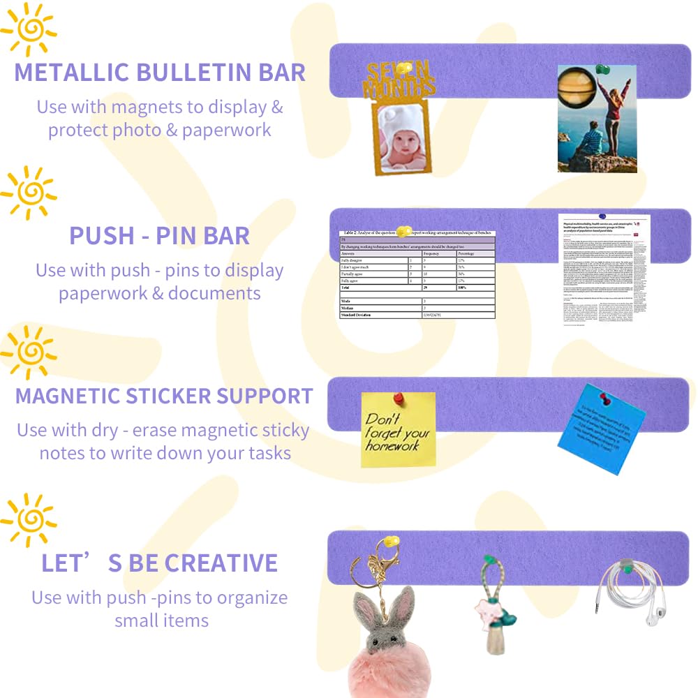 Vuzvuv 8 pcs Bulletin Board Bar Strips with 50 Pushpins & 10 Wooden Clip pins,Self Adhesive Cork Board for Wall,Felt Pin Board for School,Office Decor(Medium Purple)