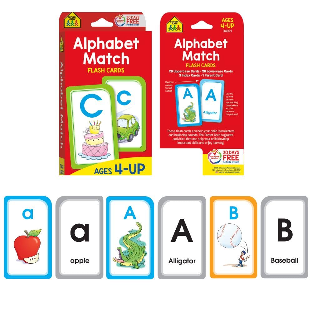 School Zone Alphabet 4-Pack Flash Cards: 224 Cards, Preschool, Kindergarten, Go Fish Alphabet, Three-Letter Words, Alphabet Match, Lowercase & Uppercase Letters, Letter-Picture Recognition, Ages 3+