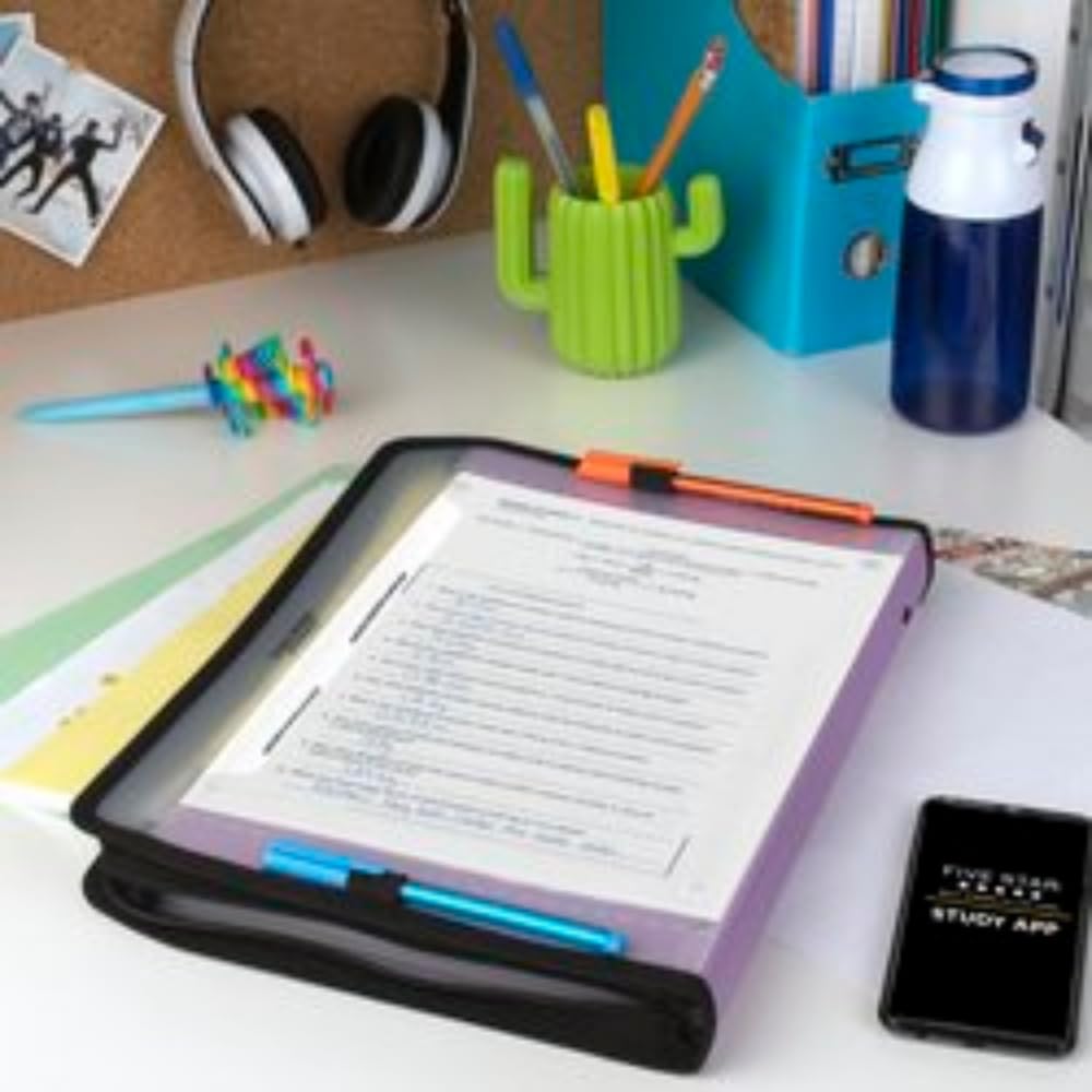 Five Star 7 Pocket Expanding File Organizer + Study App, Plastic Expandable File Folders with Customizable Tabs & Clear Cover, Holds 8-1/2" x 11", Zipper Closure, Amethyst Purple (351700G)