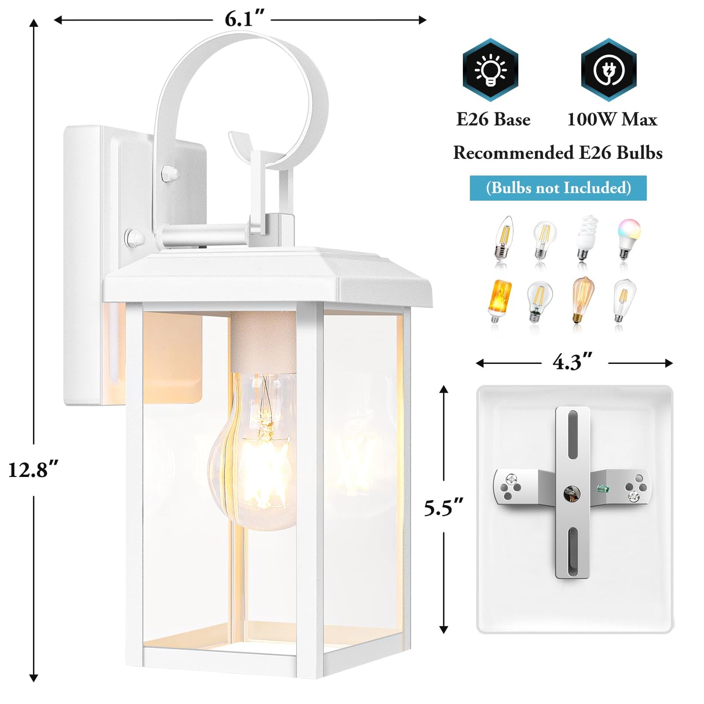 BesLowe Outdoor Wall Light Fixtures, Waterproof Metal Sconces, 12.8in (2-Pack), White, Model 10233