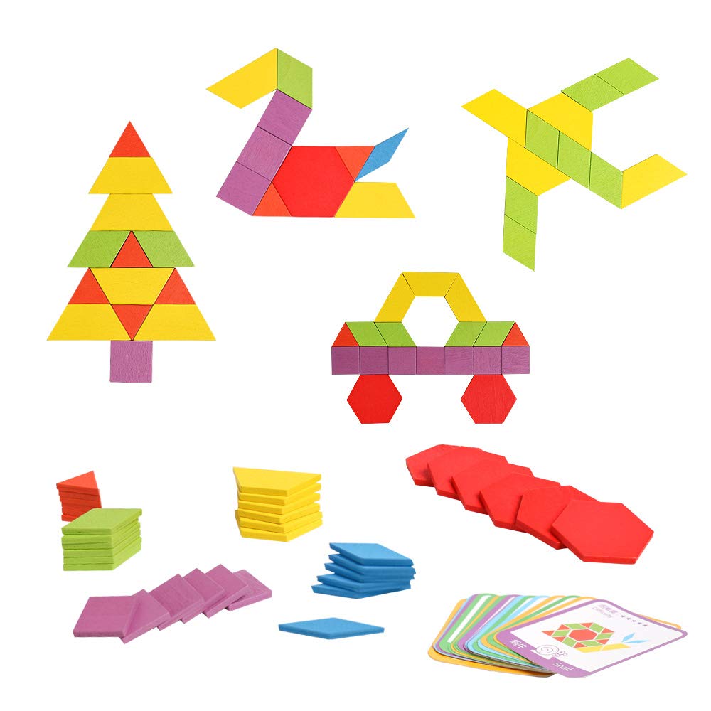 JCREN Wooden Pattern Blocks Montessori Toys Shape Puzzles Kindergarten Classic Educational Tangram Geometric Brain Teaser Toys Best STEM for Kids Ages 4-8 with 24 Pcs Cards