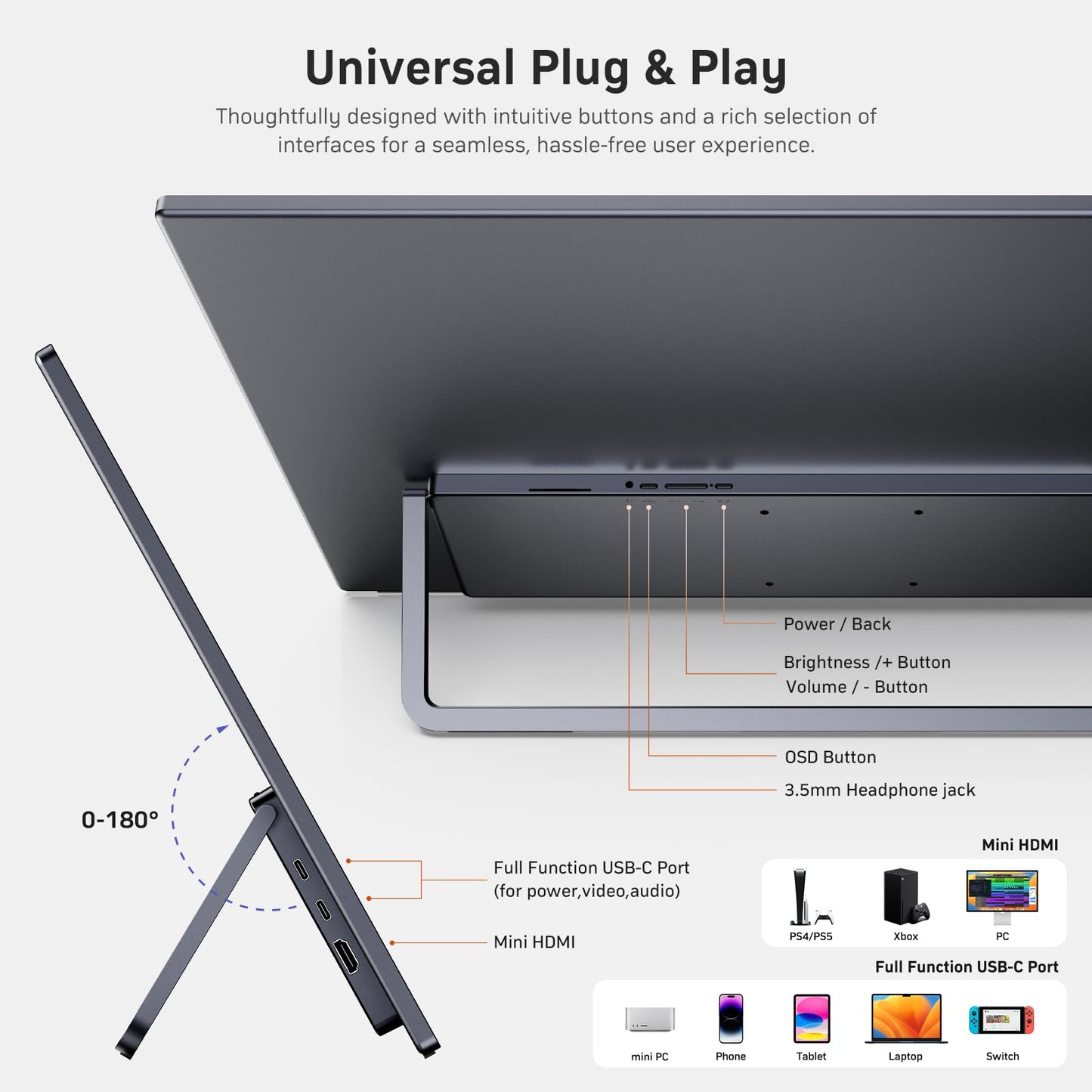 MNN 23.8'' Portable Monitor 100Hz 1080P IPS, Ultra Slim Metal Body with Built-in Kickstand & Dual Speakers, USB-C HDMI External Display for Laptop PC Phone PS5 Xbox Switch, Home Office Gaming Monitor