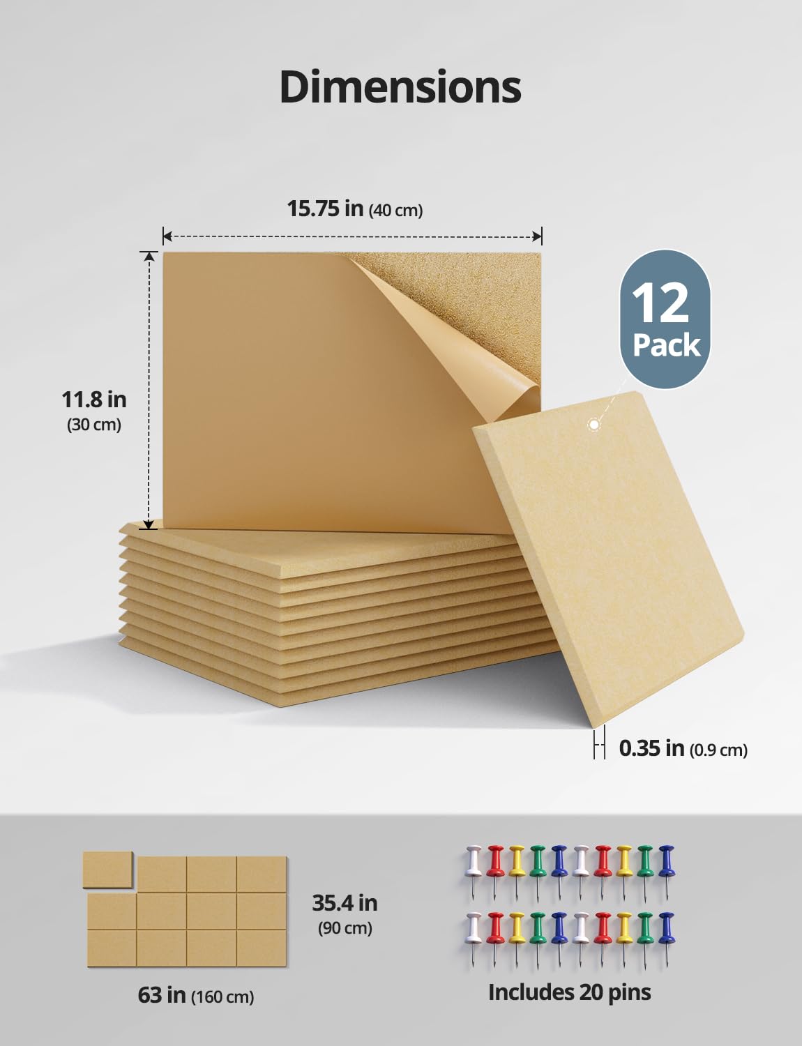 Kuchoow Large Felt Bulletin Cork Board Self-Adhesive Brown Pin Wall Tiles, 48'' x 36'' Rectangular Vision Tack Panels for Classroom Office Display 12 Pack Corkboard for Kitchen Bedroom Home Decor