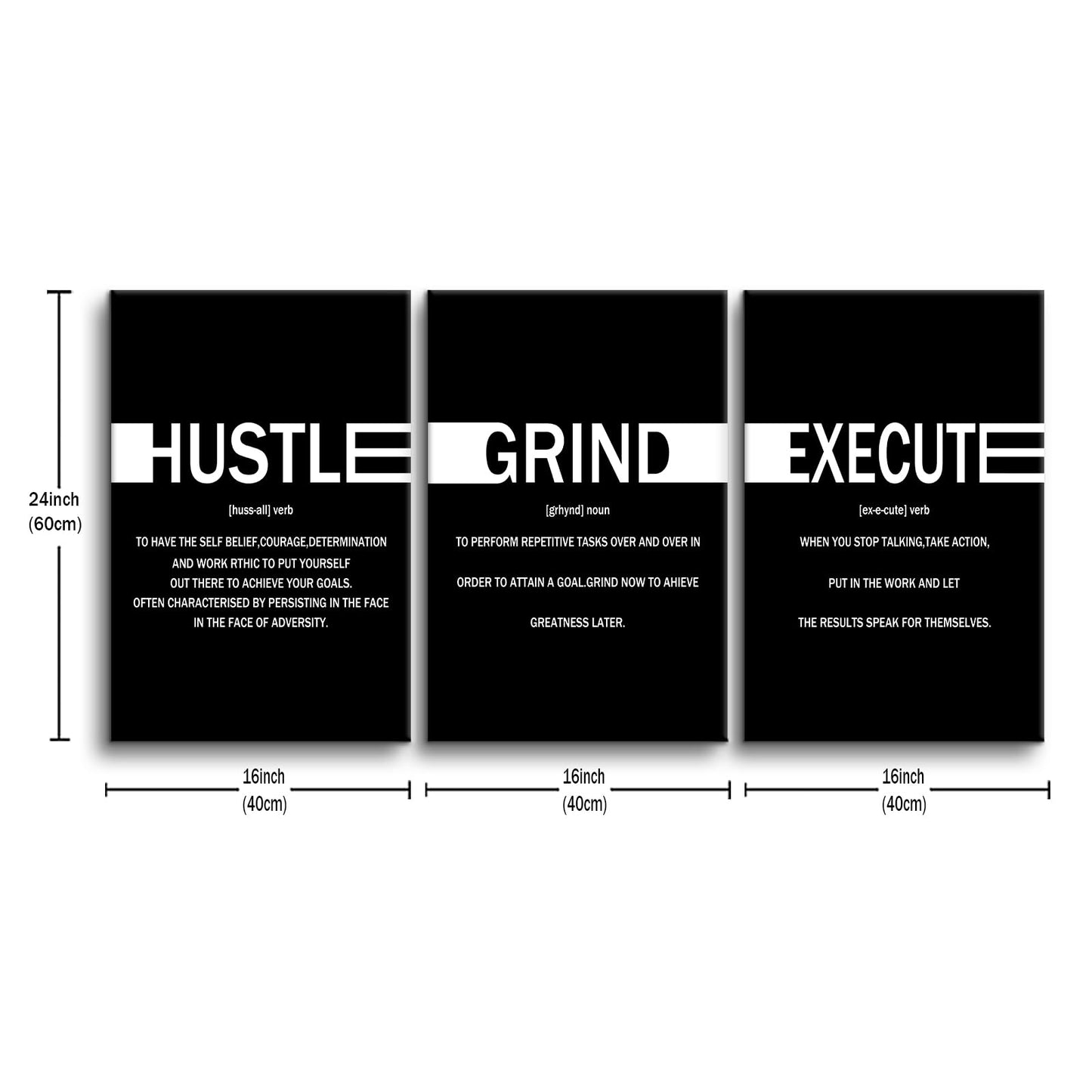 YSPCSUN Triptych Wall Decor Inspirational Posters for Office, Black White Hustle Grind Execute Quote 3 Panel Canvas Prints for Home Office Dorm Gym, 48x24 Inch Display Print