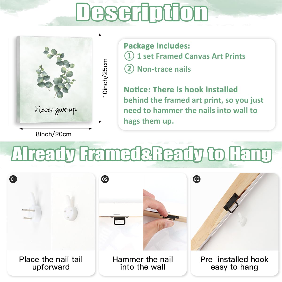 CHDITB Inspirational Plant Art Office Decor, Positive Affirmations Wall Decor, Botanical Canvas Motivational Framed Wall Art,Set Of 6(8x10 Inch) Eucalyptus Leaves Sage Poster For Classroom Home Decor