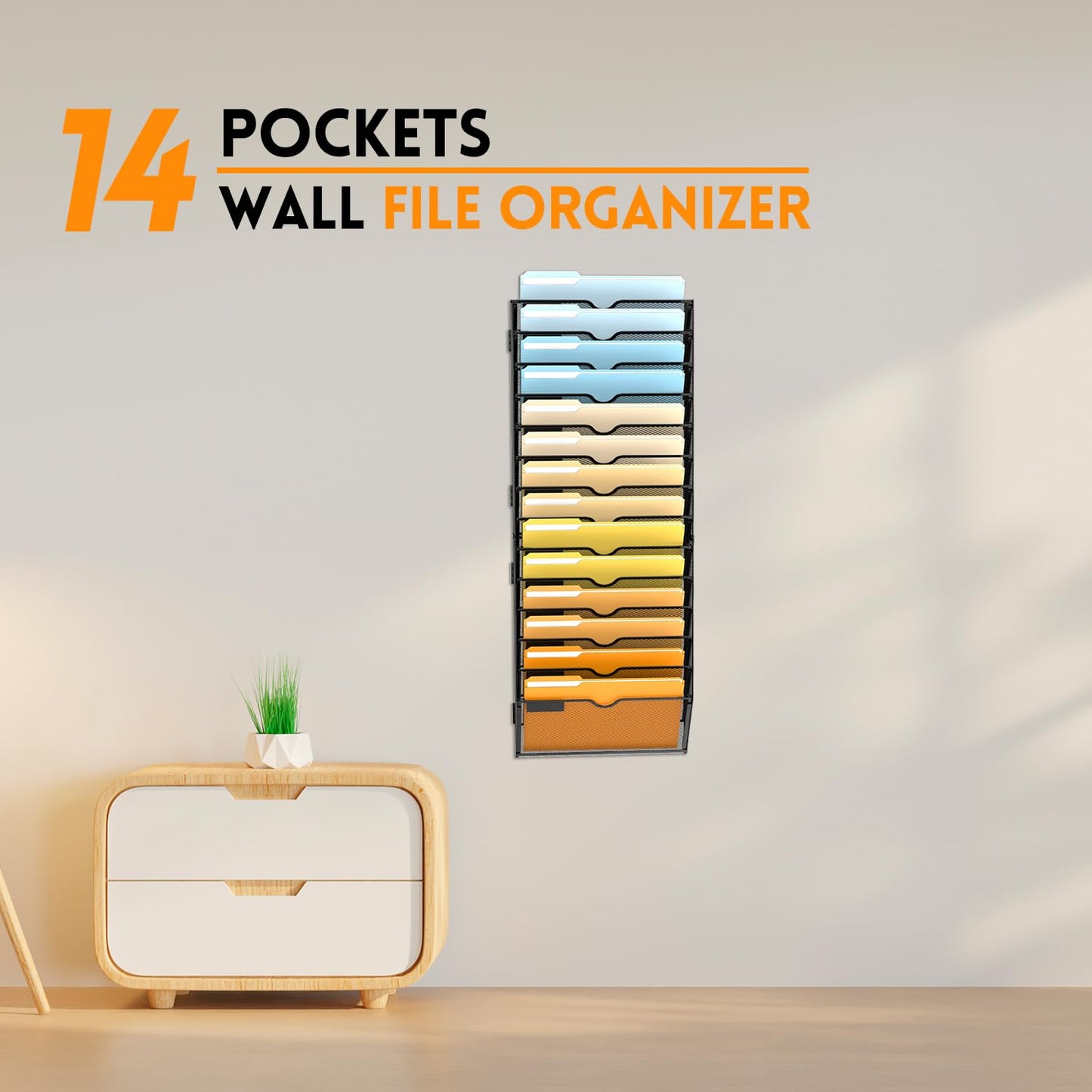 SUPEASY 14 Tier Wall File Organizer, Hanging Wall Mounted Mail Organizer with Label Slots, Metal Mesh File Holder Magazine Rack for Office, Home, School or Classroom, Black