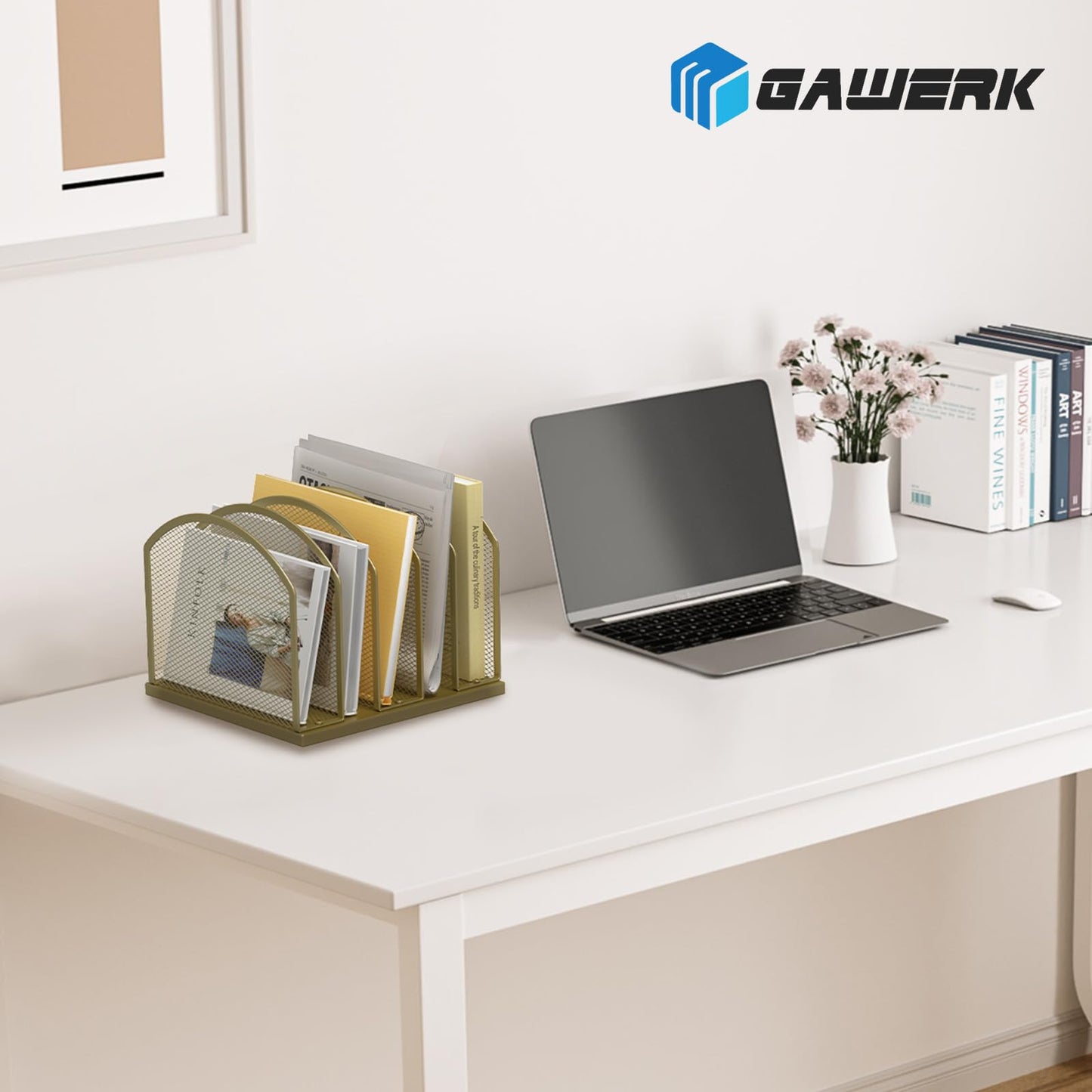 Gawerk 5-Section Vertical Desktop Organizer, 5-Section Mesh File Folder Stand Sorter for Office Home Classroom Organization (1, Gold)