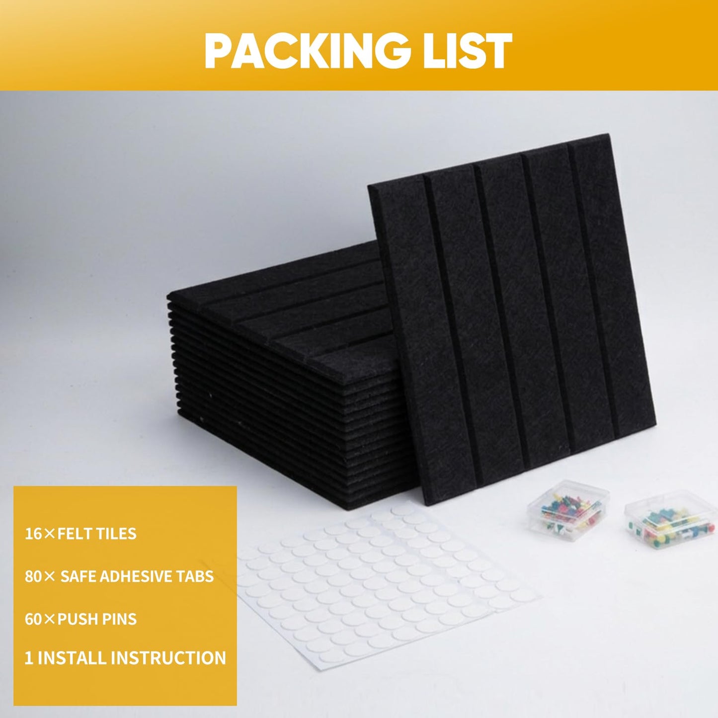 Corodo Large Cork Board Alternative - 48" x 48" Felt Bulletin Board with Pushpins & Adhesive Tabs, 16 Pack Tac Boards Tiles for Office Classroom Wall Decor, Wall Protector for Dart Board - Black