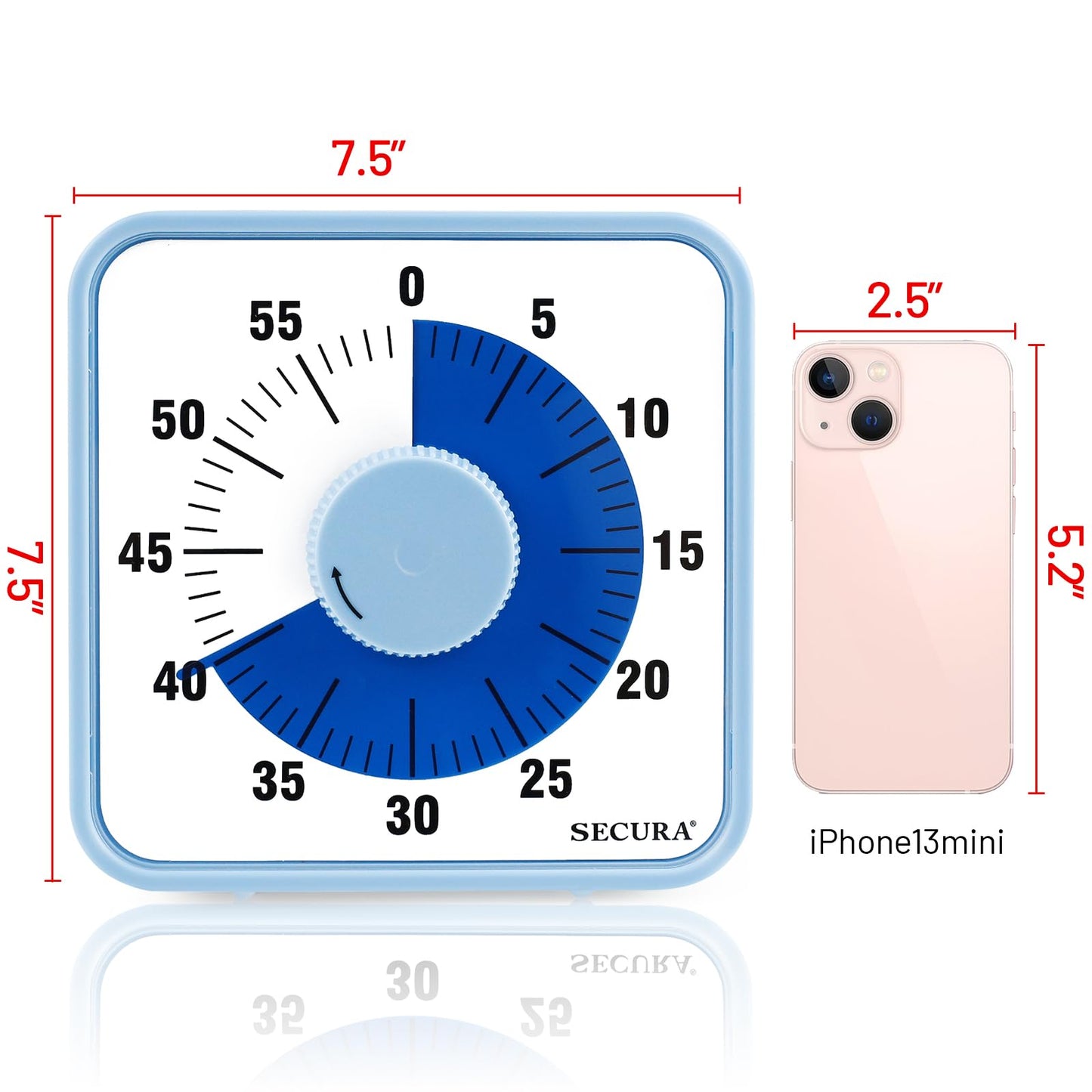 Secura 60-Minute Visual Countdown Timer, 7.5-Inch Oversize Classroom Visual Timer for Kids and Adults, Durable Mechanical Kitchen Timer Clock with Magnetic Backing (Navy Blue)