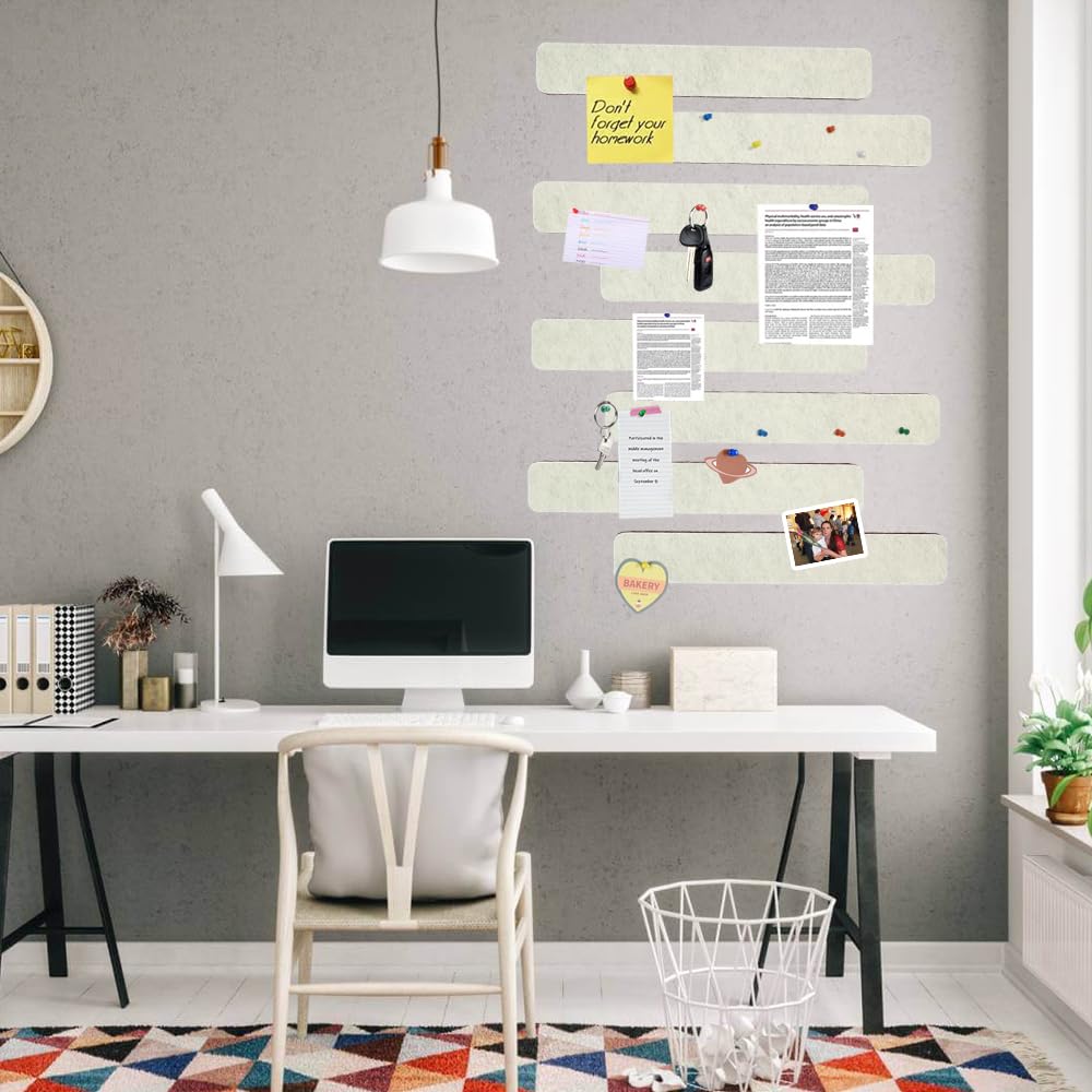 Vuzvuv 8 pcs Bulletin Board Bar Strips with 50 Pushpins & 10 Wooden Clip pins,Self Adhesive Cork Board for Wall,Felt Pin Board for School,Office Decor(Cream White)