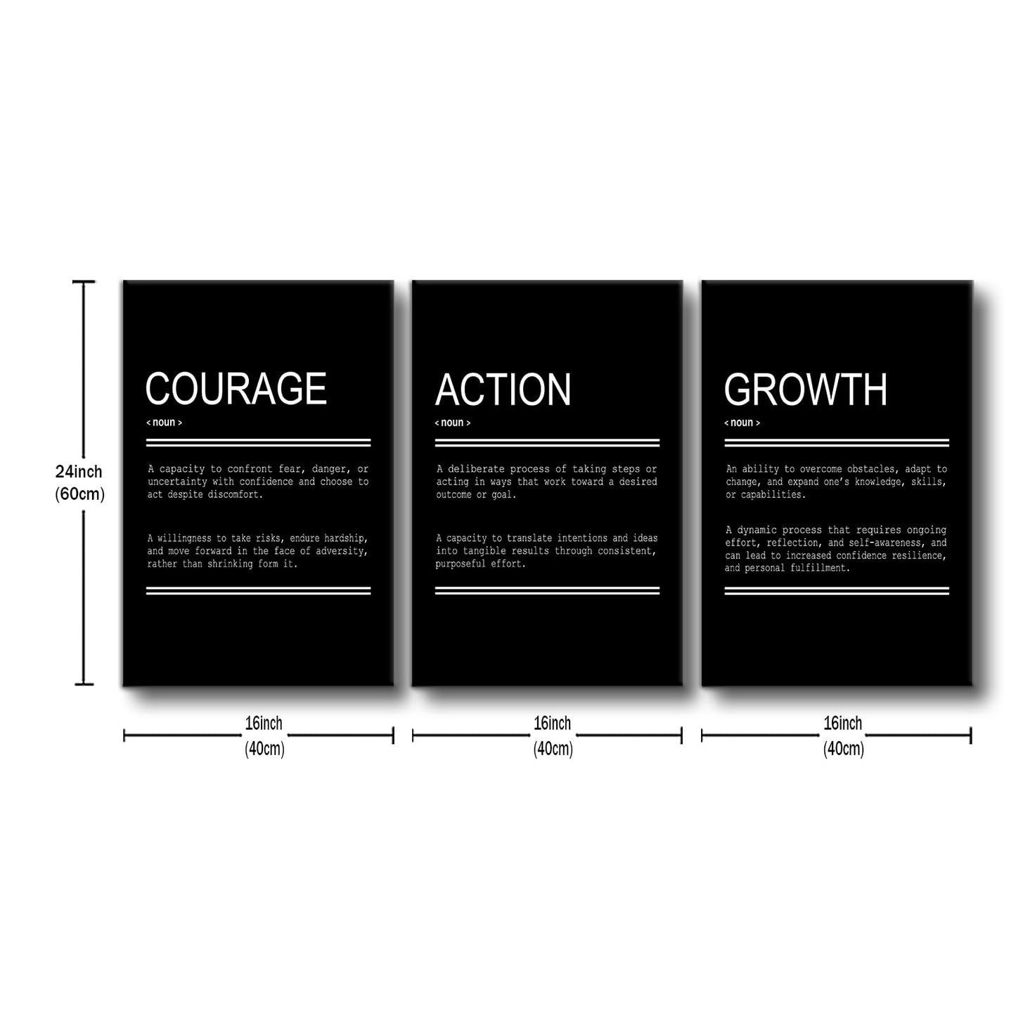 YSPCSUN Triptych Wall Decor Inspirational Posters for Office, Black White Courage Action Growth Quote 3 Panel Canvas Prints for Home Office Dorm Classroom, 48x24 Inch Display