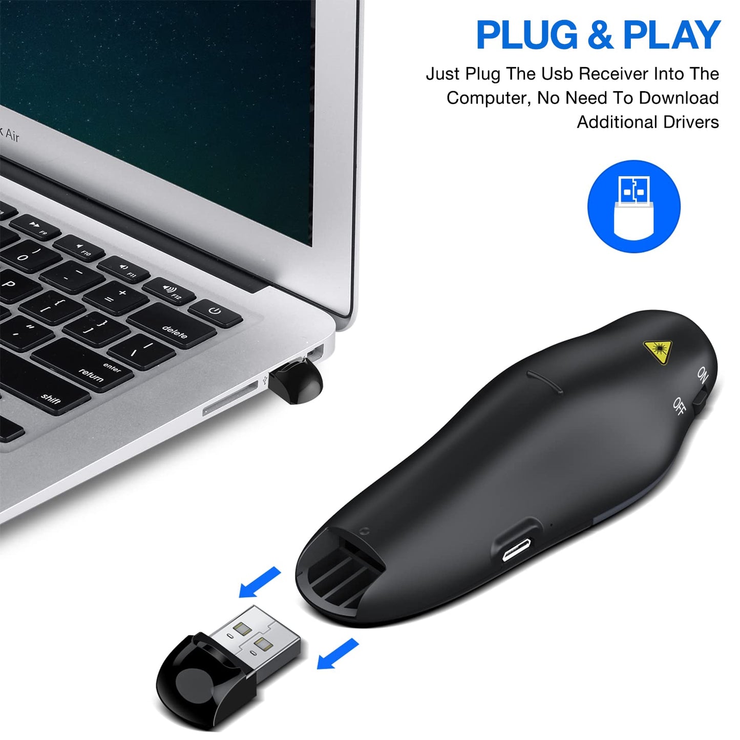 Rechargeable Presentation Clicker Wireless Presenter Remote USB Control Powerpoint PPT Clicker, RF 2.4GHz Presenter Remote Slide Advancer for Computer/Laptop/Mac/Keynote