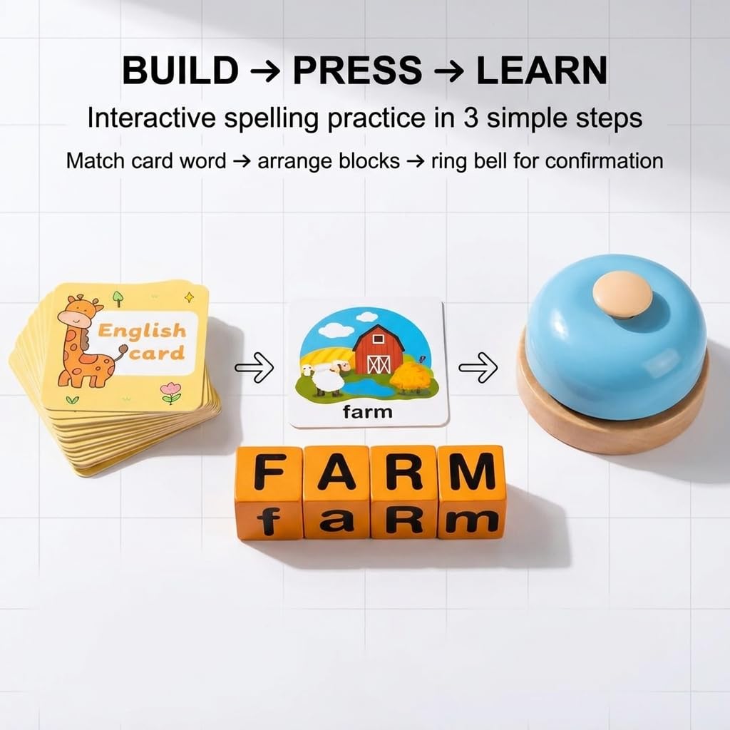 Wooden Word Spelling Game with Flash Cards, Alphabet Learning Set with Bell and Cube, Language Skills Recognition Tool for Educational Use