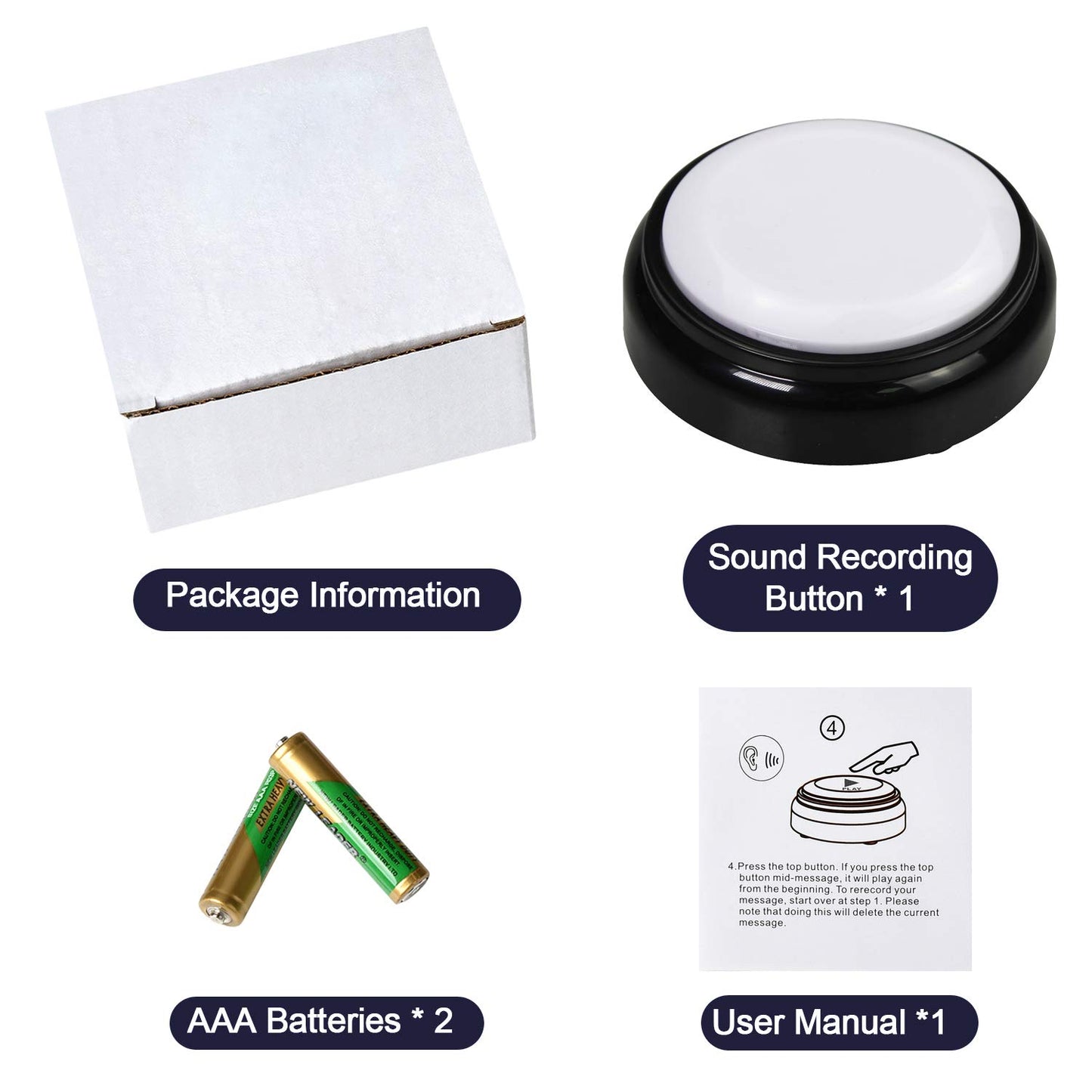 Cover 30 Seconds Recordable Talking Button Record Button Toy Gift Answer Buzzers (White+Black)