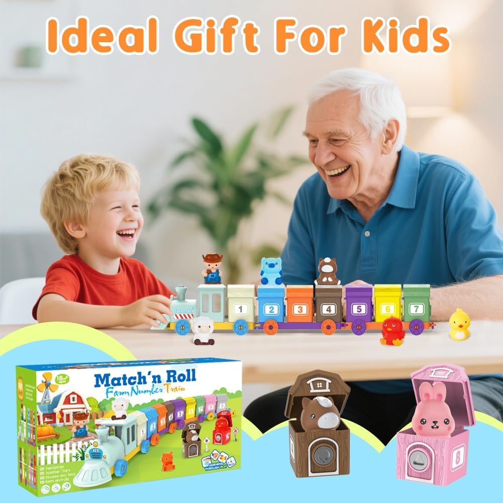 Kimicare Learning Montessori Toys for Toddlers, Sensory Farm Animals Train Toys with 10 Finger Puppets 1 Farmer, Counting Matching Sorting Barns with Keys Birthday Gifts Christmas Stocking Stuffers