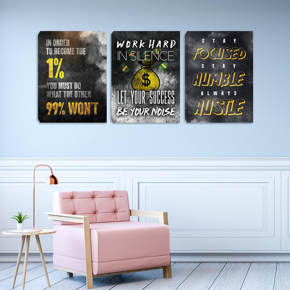 Motivational Canvas Wall Art Inspirational Success Quotes Wall Art Retro Black White Poster Hangs Picture Hustle Canvas Painting Artwork for Office Bedroom Living Room Workplace (36''Wx 16''H)