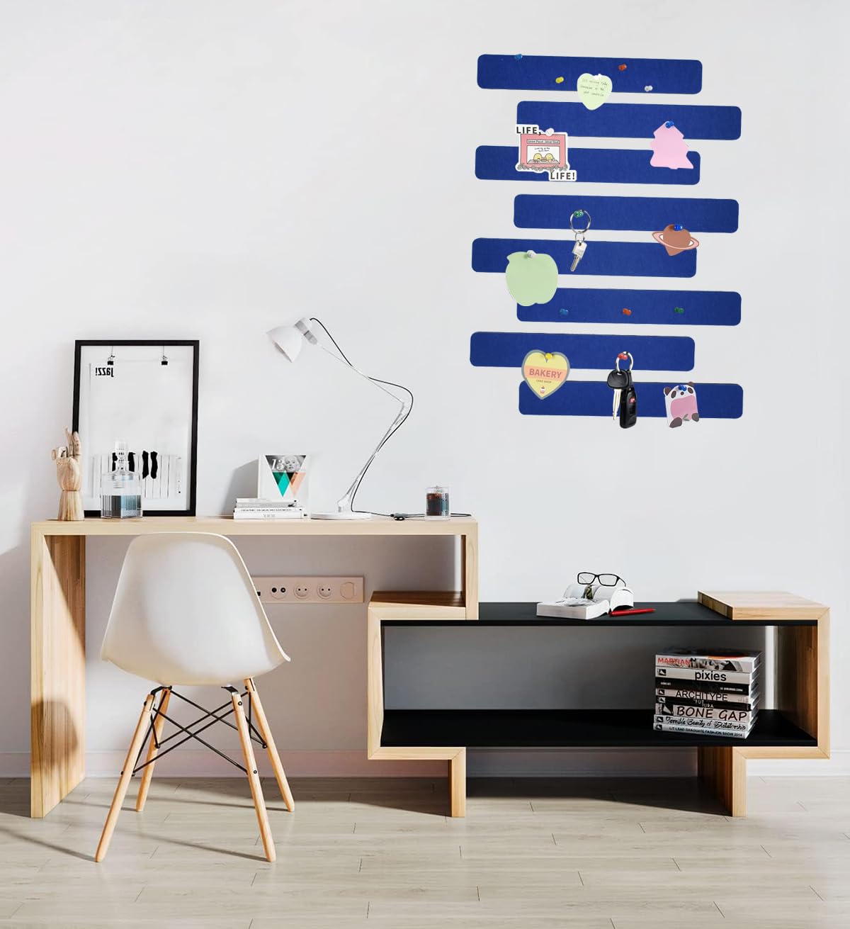 Vuzvuv 8 pcs Bulletin Board Bar Strips with 50 Pushpins & 10 Wooden Clip pins,Self Adhesive Cork Board for Wall,Felt Pin Board for School,Office Decor(Dark Blue)