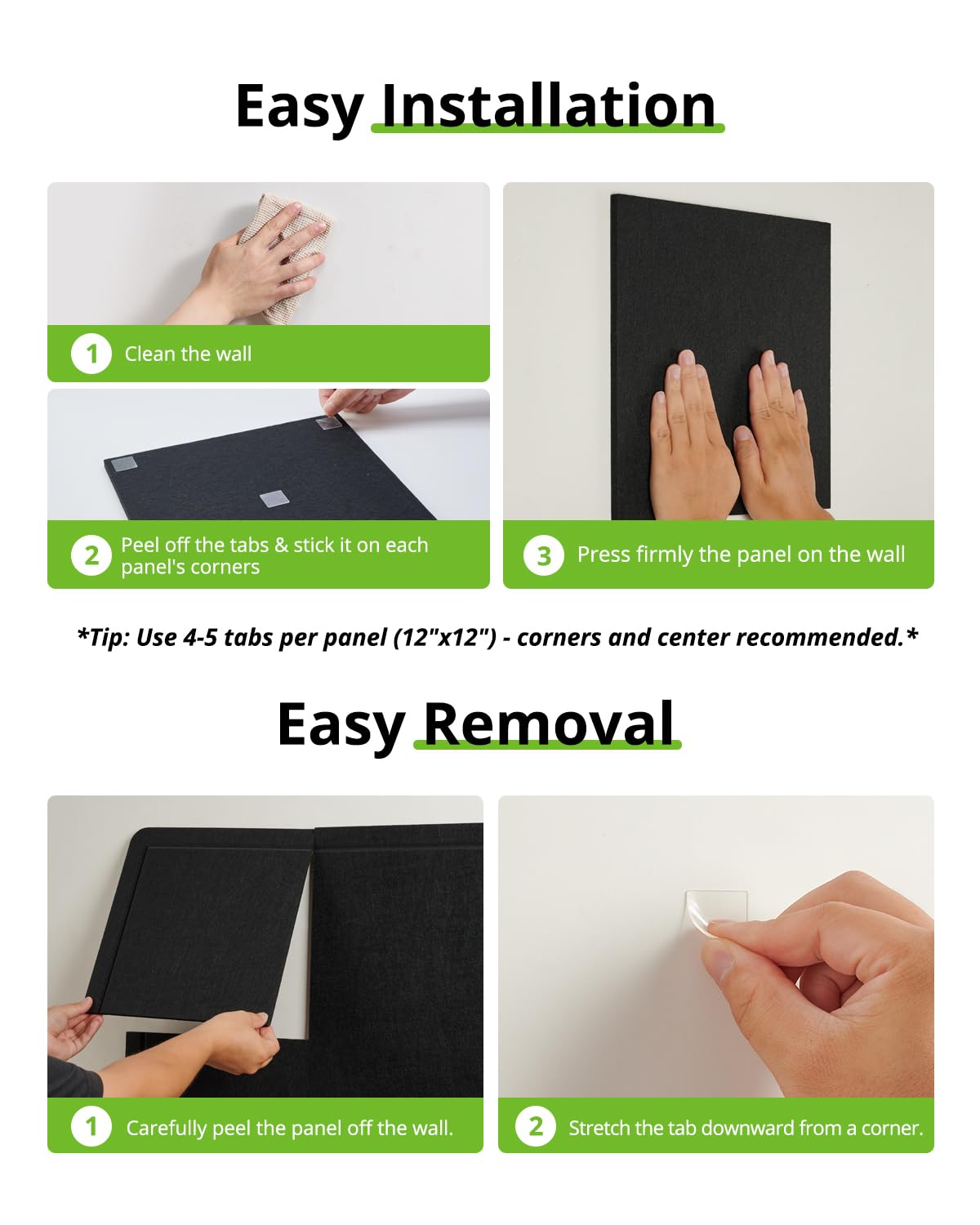 Woovio Bulletin Board, 48 x 36 inches Cork Board Alternative, 12 Pack 12"X12"X0.4" Felt Pin Boards for Walls Home Office Decor, Classroom with 60 Adhesive Tabs Black