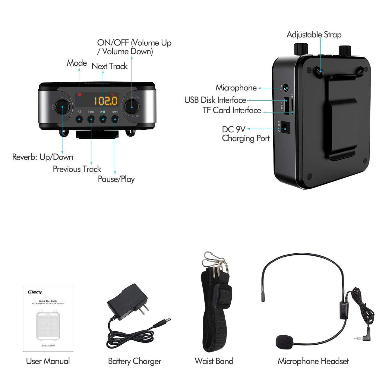 Giecy 30W Portable Voice Amplifier with Wired Microphone Headset, 2800mAh Rechargeable PA System Speaker Personal Microphone Speech Power Amplifiers Loudspeaker for Teachers/Metting/Tour Guide