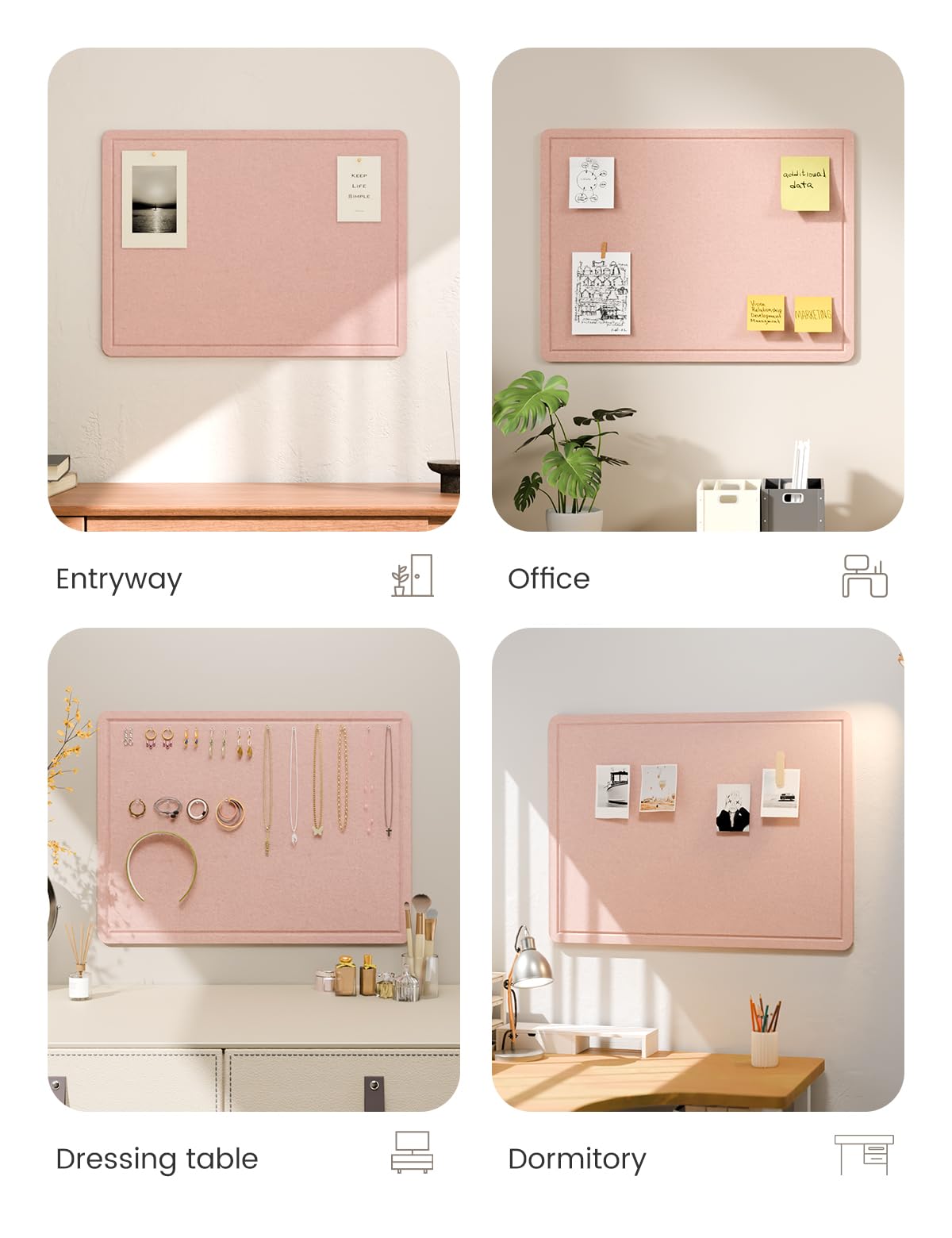 Fluxynara Bulletin Board, 23.6" x 17.5" Cork Board Alternative with 12 Safe Removable Adhesive Tabs, Foldable Felt Pin Board for Home Office, Classroom, Bedroom,Entryway for Walls—Pink
