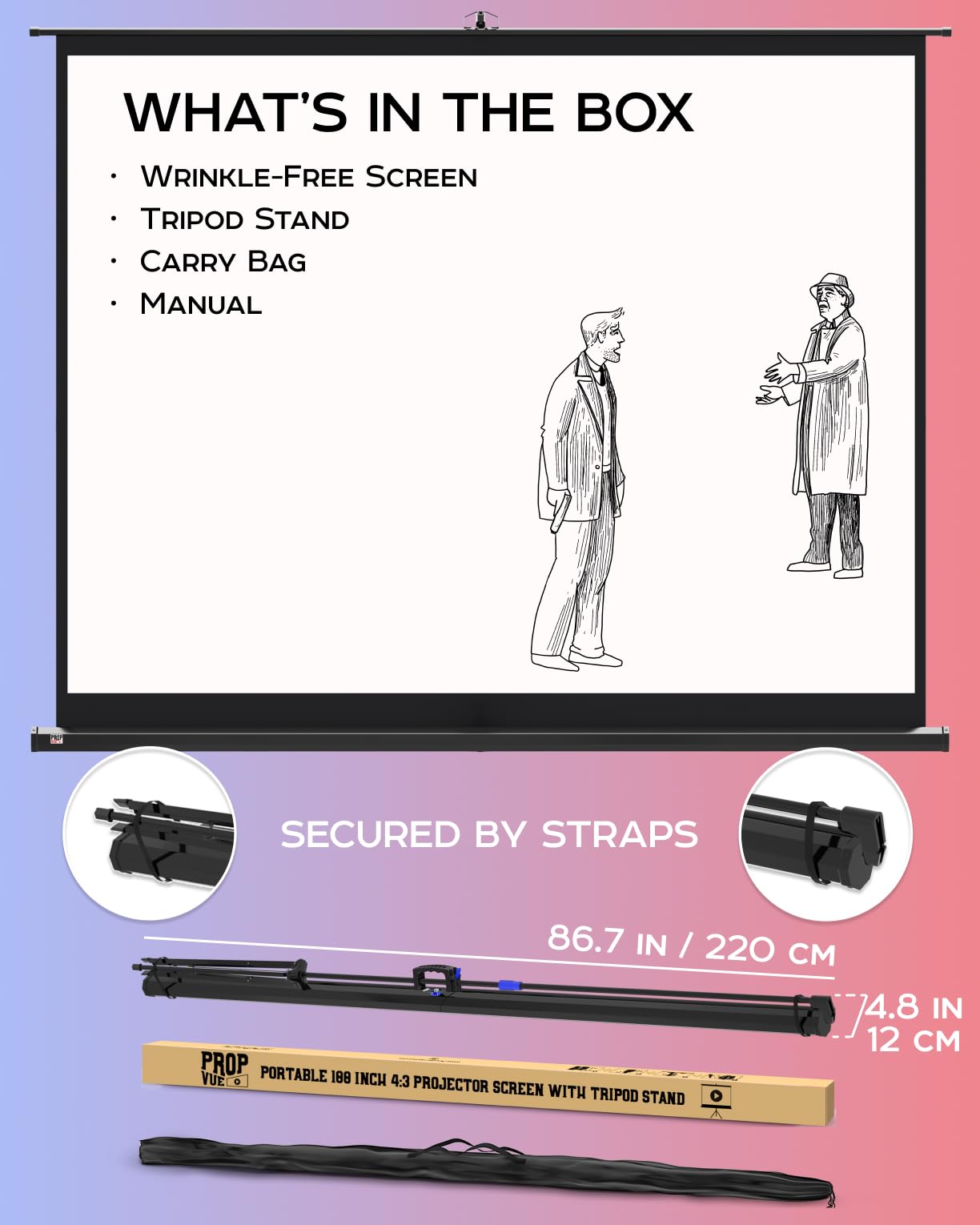 PropVue Projector Screen with Stand 100 inch - Indoor and Outdoor Projection Screen for Movie or Office Presentation - Adjustable from 16:9 to 4:3 HD Premium Wrinkle-Free Tripod Screen