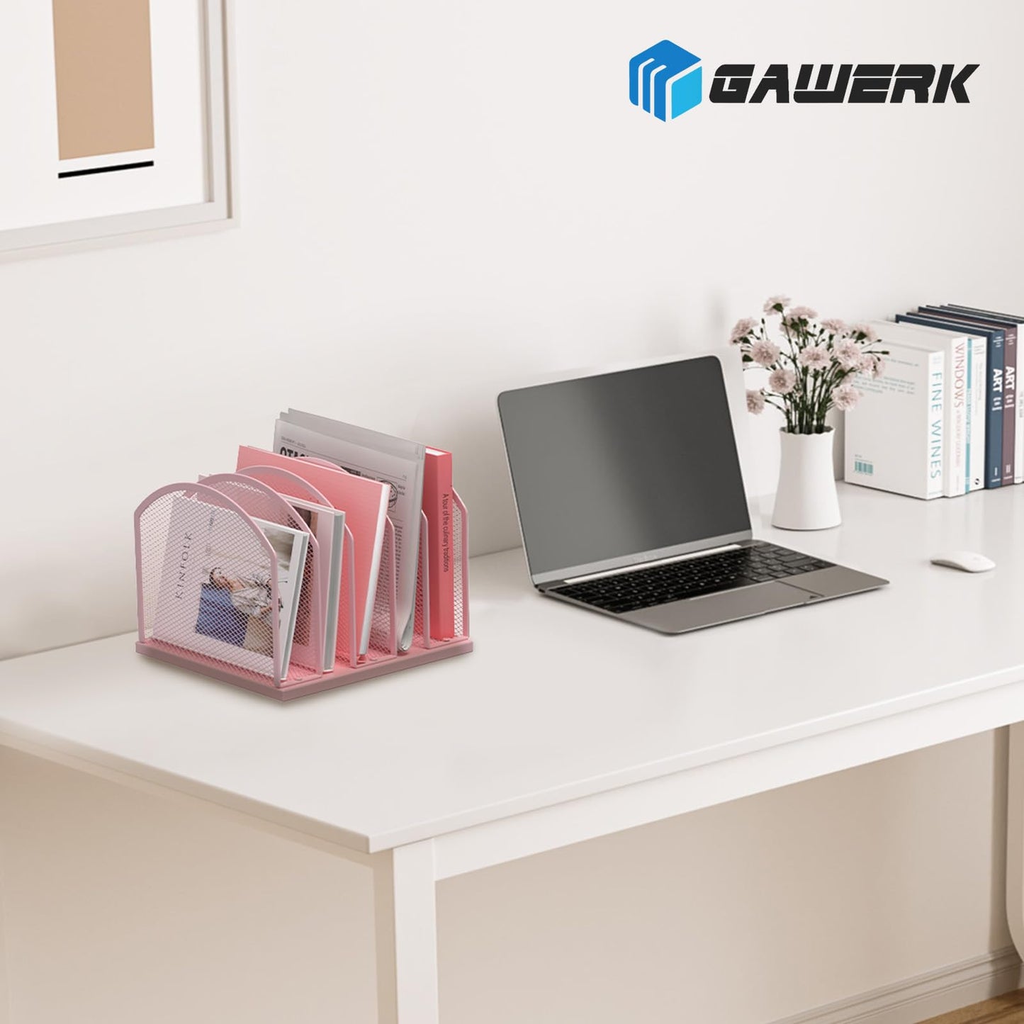 Gawerk 5-Section Vertical Desktop Organizer, 5-Section Mesh File Folder Stand Sorter for Office Home Classroom Organization (1, Pink)