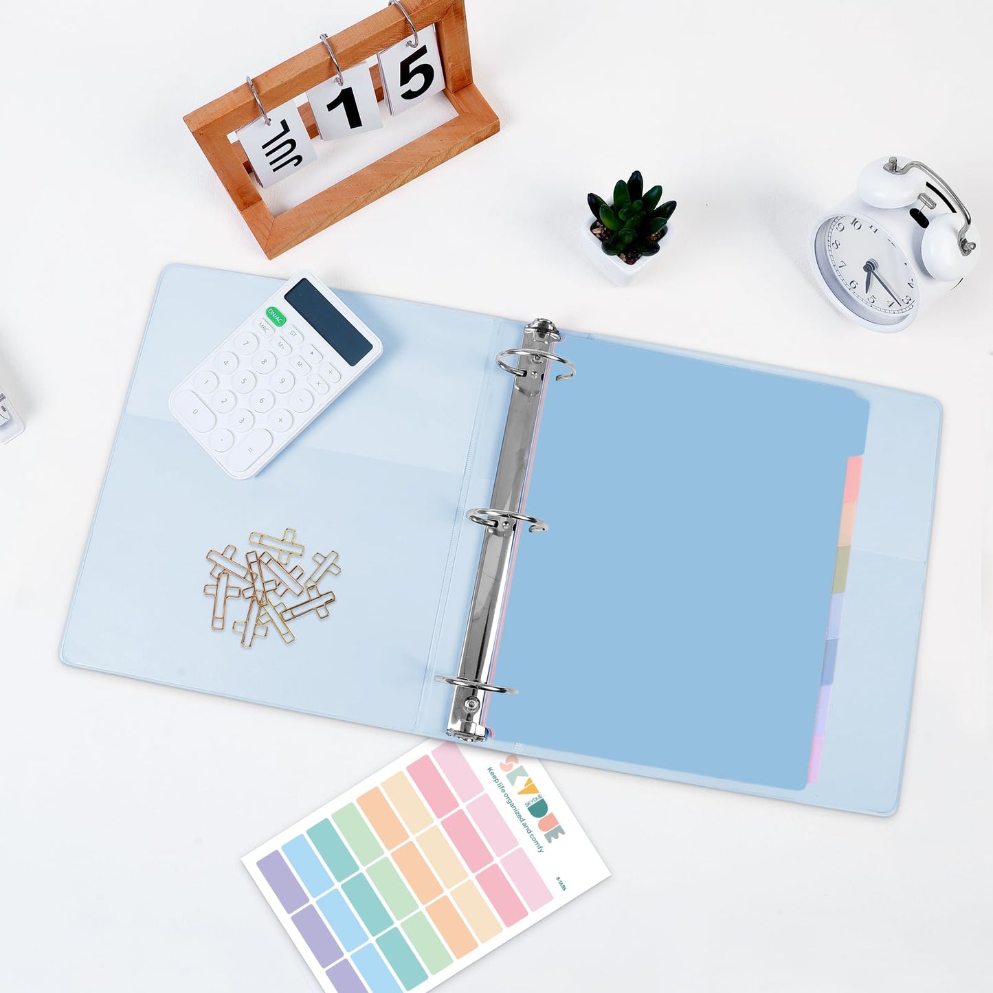 SKYDUE 1 Inch 3 Ring Binder with 8 Tab Dividers & 24 Labels, Pastel Binder Organizer for Letter Size Paper, Aesthetic School Binder for Notes, Documents, Office & Home Organization, Blue