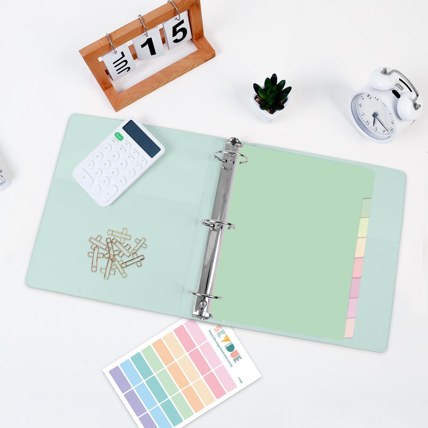 SKYDUE 1 Inch 3 Ring Binder with 8 Tab Dividers & 24 Labels, Pastel Binder Organizer for Letter Size Paper, Aesthetic School Binder for Notes, Documents, Office & Home Organization, Green