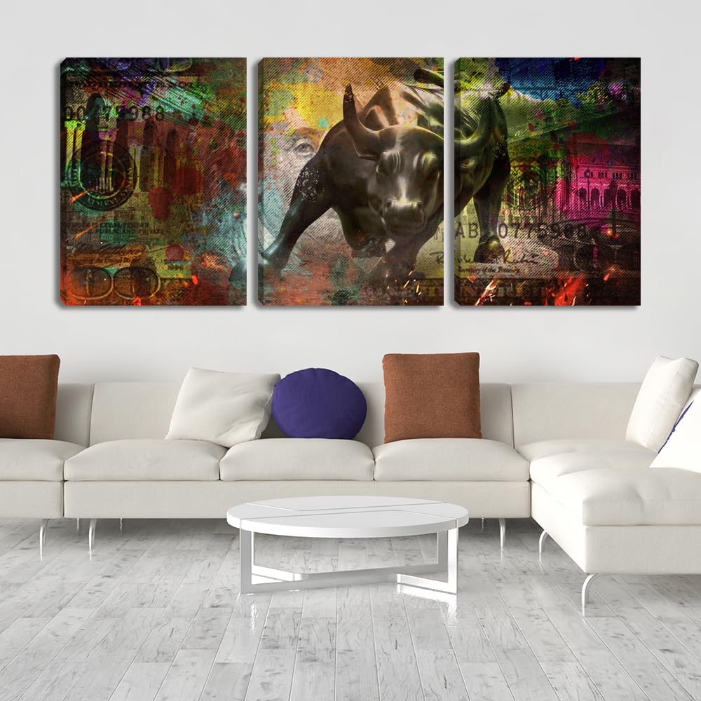 3 Pieces Bull Motivational Wall Art Canvas Poster Print Office Wall Decor Inspirational Entrepreneur Quotes Wall Art Poster Prints Picture Framed Decoration - 36" Wx 16" H