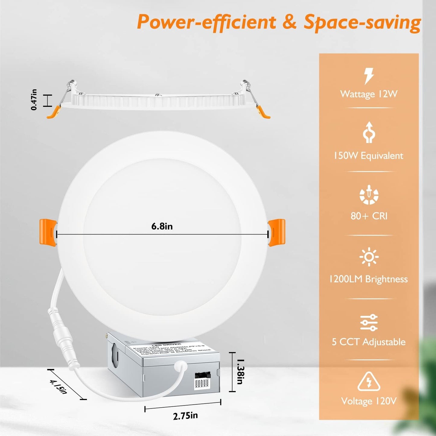 BesLowe LED Recessed Ceiling Lights, 12W, Ultra-Thin, 5CCT, 6 Inch, 1200LM, Dimmable, White, Model DC08