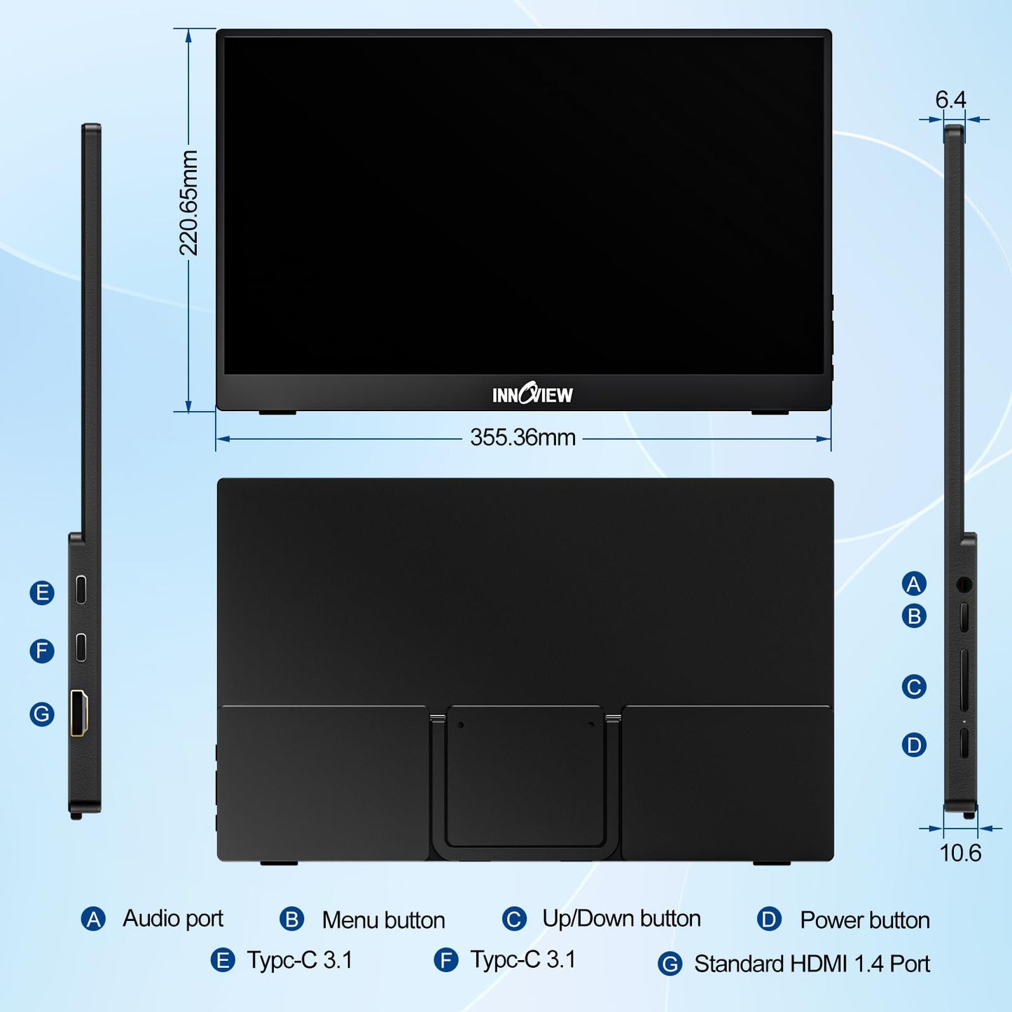 InnoView Portable Monitor 15.6" 1080P for Laptop with Protective Sleeve, Built-in 90° Adjustable Stand USB C HDMI Ultra-Slim Portable Laptop Monitor for MacBook Phone PS Xbox Switch