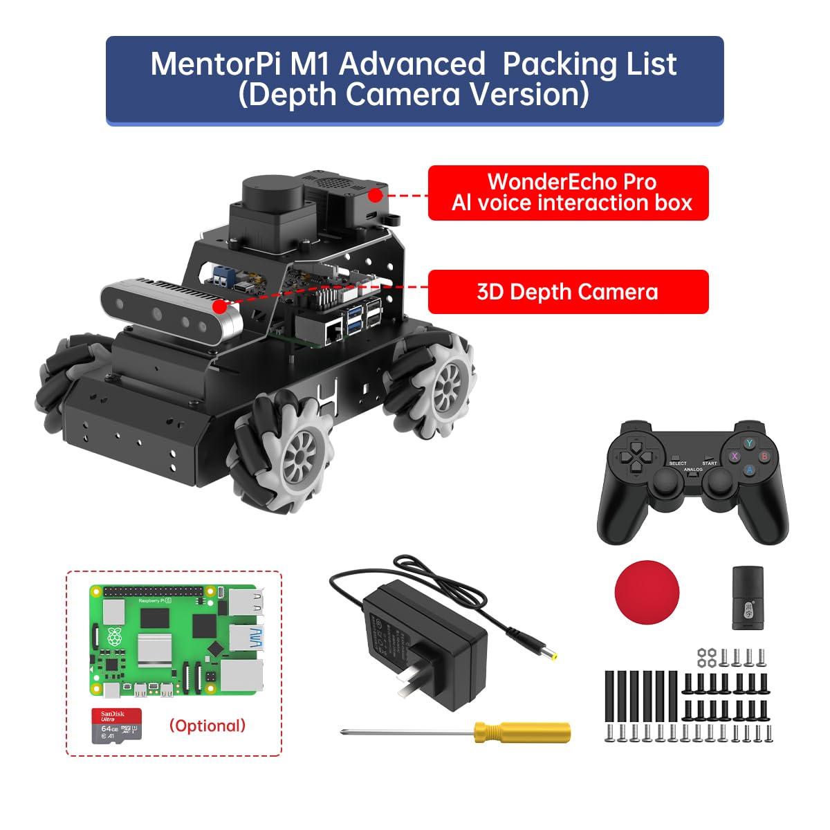 HIWONDER Robot Car with ChatGPT Large AI Models, 3D Depth Camera Mecanum-Wheel Chassis ROS2-HUMBLE Lidar SLAM Mapping Navigation Autonomous Driving, MentorPi M1 Advanced Kit with Raspberry Pi5 4GB