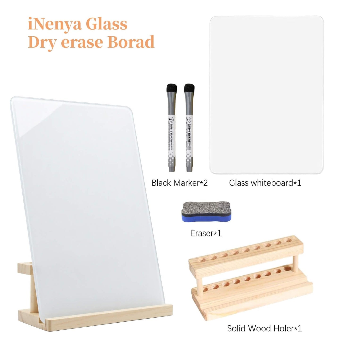 iNenya Glass White Board with Stand,Magnetic Mini Dry Erase Board for Desk,Small Desktop Whiteboard with Solid Wood Bracket