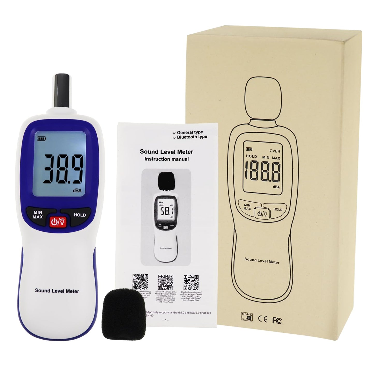 Decibel Meter Bluetooth, Portable Sound Level Meter with Data Logging, Can Fit with Smartphone App Recording, 30 to 130dBA Noise Decibel Meter SPL Meter w/Data Hold MAX MIN Alarm Backlit LCD Display