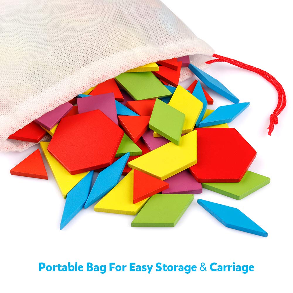 Coogam Wooden Pattern Blocks Set 130PCS Geometric Color Shape Manipulative Puzzle – Graphical Montessori Tangram Early Learning Educational Toys Brain Teasers STEM Gift for Kids with 24 Design Cards