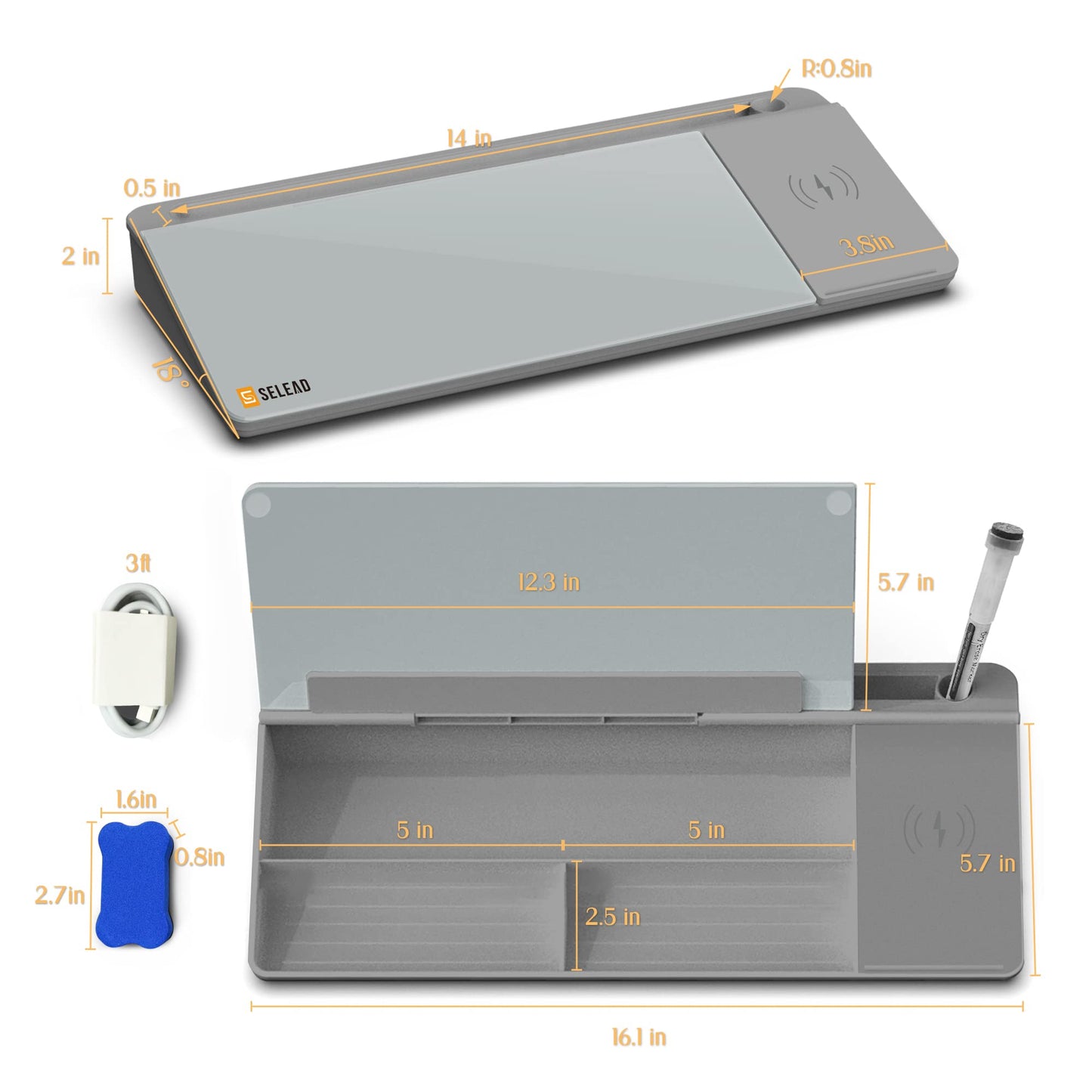 SELEAD Desktop Glass Whiteboard with Wireless Charger Station, Dry Erase White Board Computer Pad Keyboard Stand with Organizer for Home, School, Office Desk Accessories, Gray