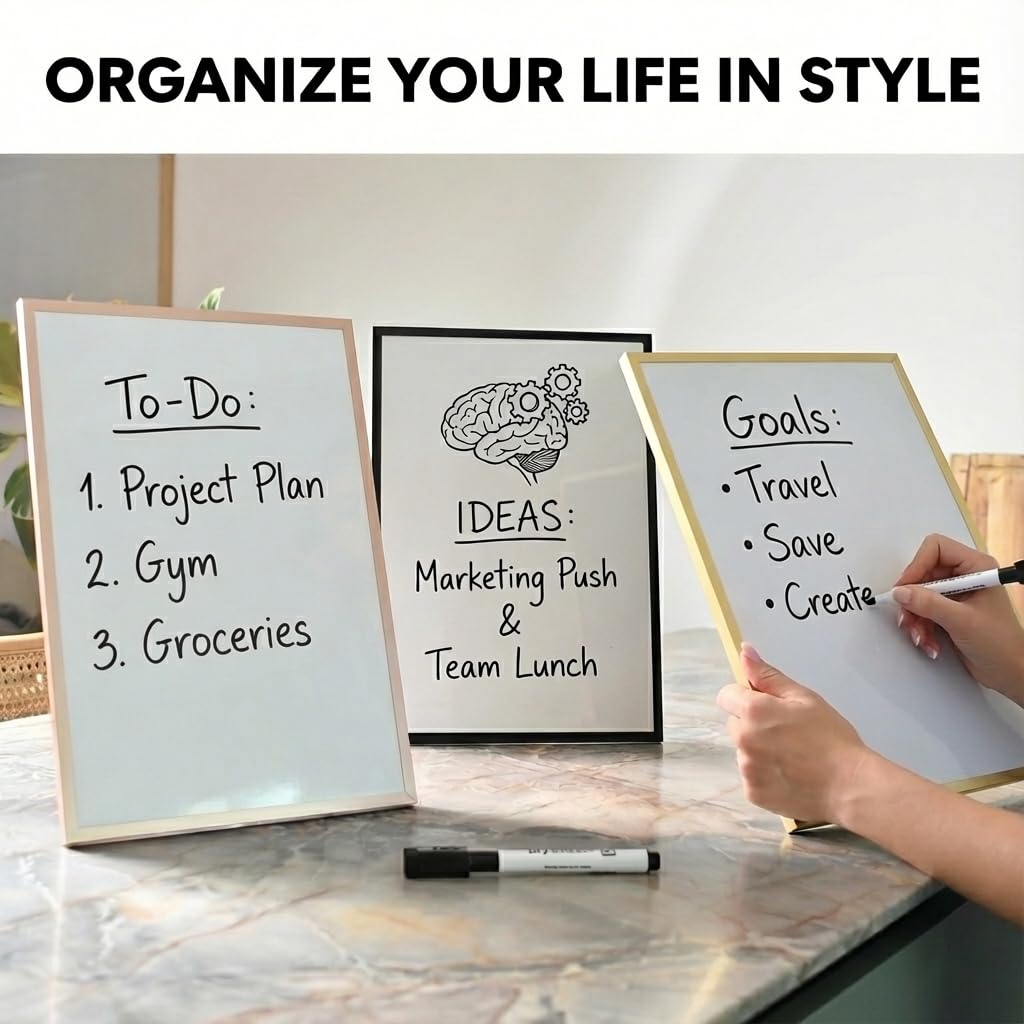 Lulu Office Magnetic Dry Erase Board 12x16 with Foldable Stand, Portable Black Desktop Whiteboard for Home, Office, School & Kitchen, Includes Weekly & Monthly Magnetic Planner Sheets