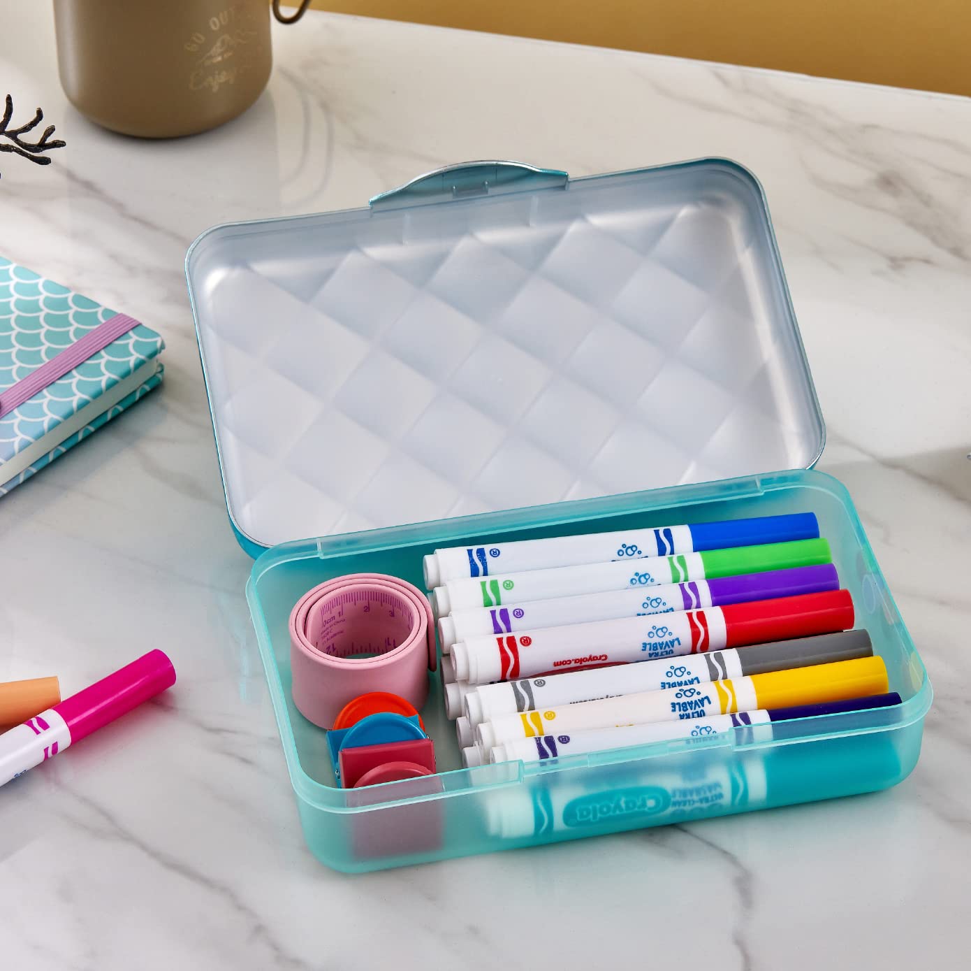 It's Academic Metallic Pencil Case Box, Hard Plastic, Stylish Quilted-Pattern Lid, Blue